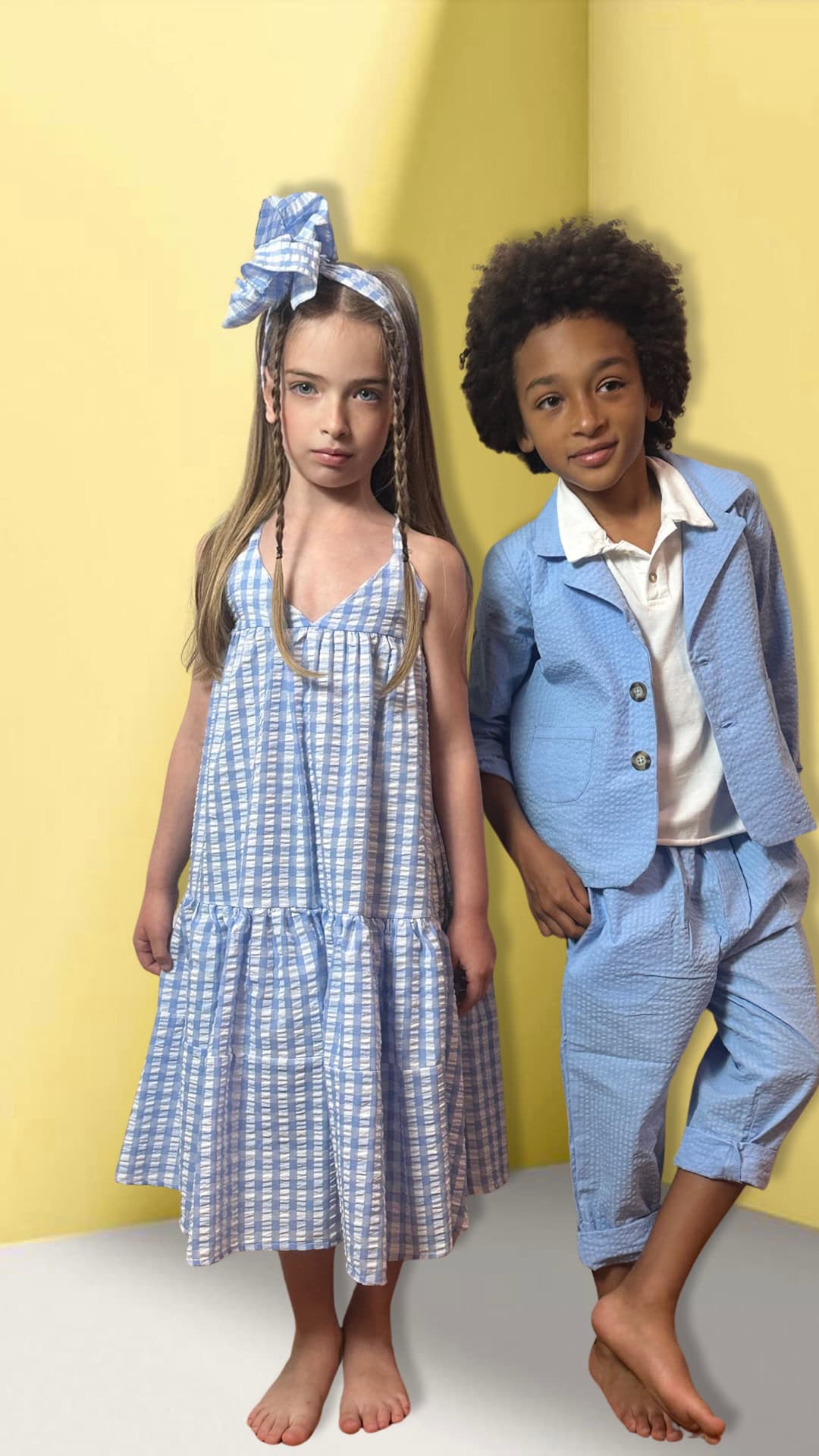maschio e femmina moda bambino di Pype abito vichy completo giacca pantalone azzurro