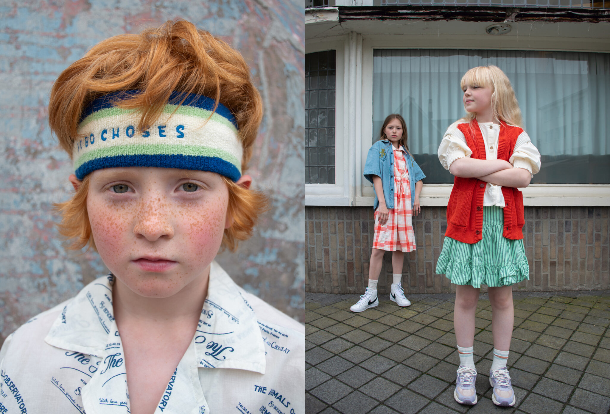 Editoriale moda intitolato 'C'est la vie' della fotografa Danique Daemen. L'immagine mostra due scene: a sinistra, un bambino con capelli rossi, lentiggini, una fascia bianca con righe blu e verdi, e una camicia bianca con scritte blu. A destra, due bambine in piedi davanti a un edificio; una indossa un abito a quadri rossi e una giacca di jeans, l'altra una gonna verde a righe, un gilet rosso e una camicia bianca. Entrambe le scene creano un'atmosfera vivace e alla moda.