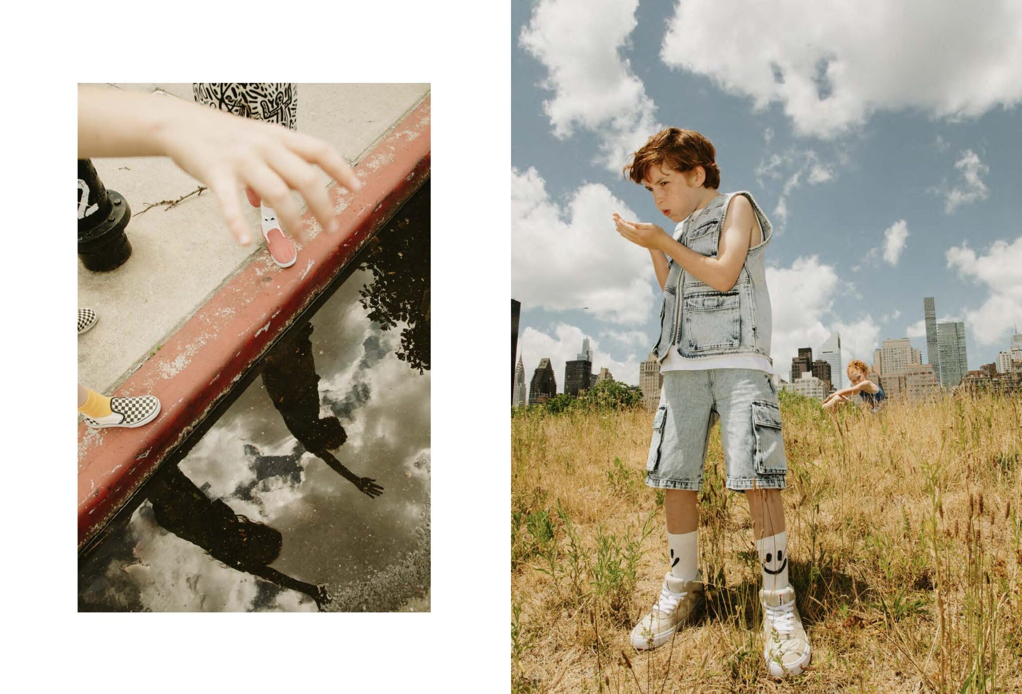 Kids fashion editorial titled 'Summer Reflection' shot in New York City by Zoe Beltran, styled by Jessica Zindren. The left image shows a child's arm and shoes reflected in a puddle on the sidewalk, capturing a playful and artistic moment. The right image features a boy in denim shorts and a sleeveless denim jacket, standing in a grassy field with the Manhattan skyline in the background. Another child is seen playing in the grass in the distance, emphasizing the carefree spirit of summer