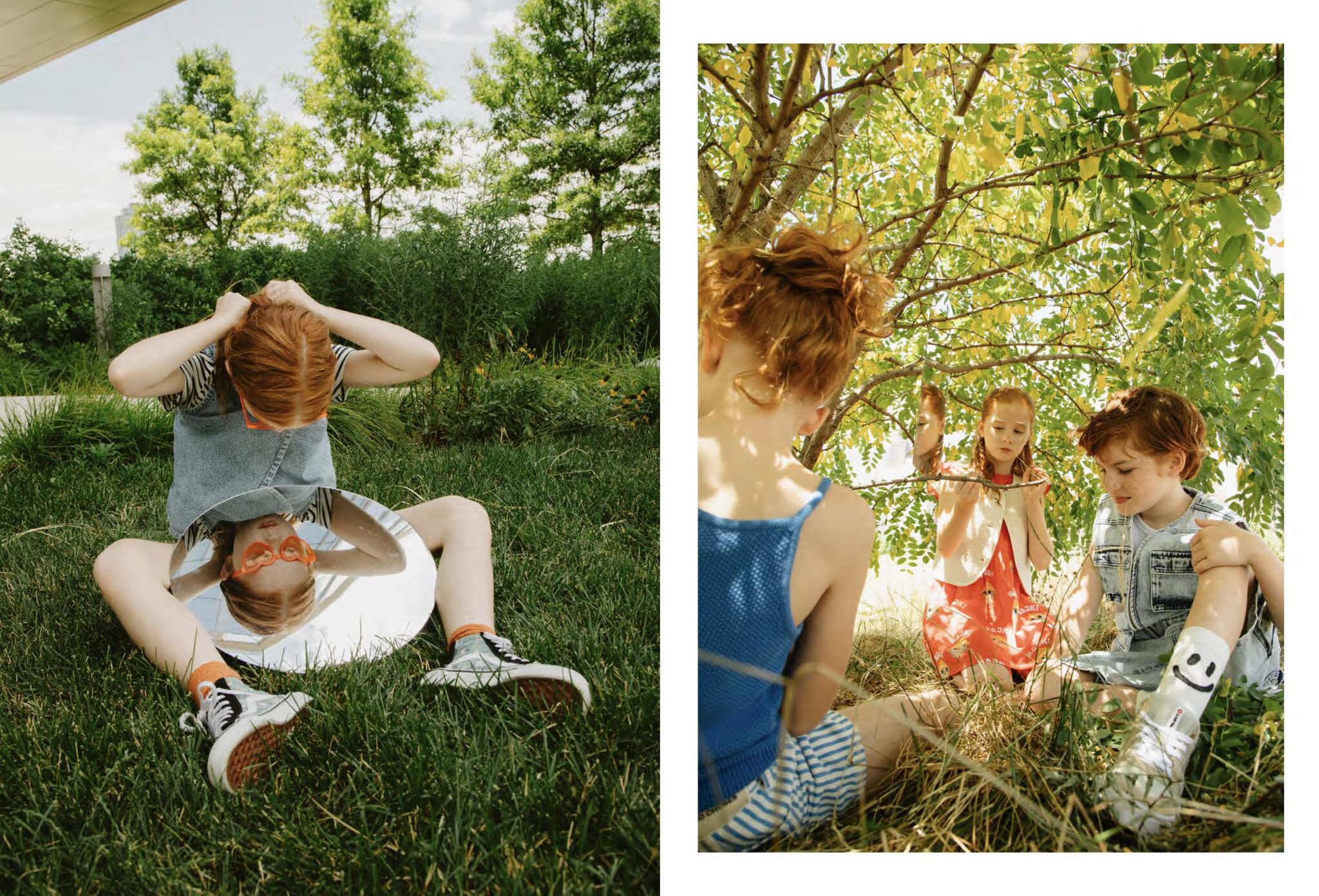 Kids fashion editorial titled 'Summer Reflection' shot in New York City by Zoe Beltran, styled by Jessica Zindren. The left image shows a girl with red hair and orange sunglasses sitting on the grass, looking down at her reflection in a large round mirror placed between her legs. The right image features three children gathered under a tree, with one girl holding a small mirror and the other two children, a boy and a girl, engaged in playful conversation. The scene is filled with greenery, creating a serene and imaginative atmosphere