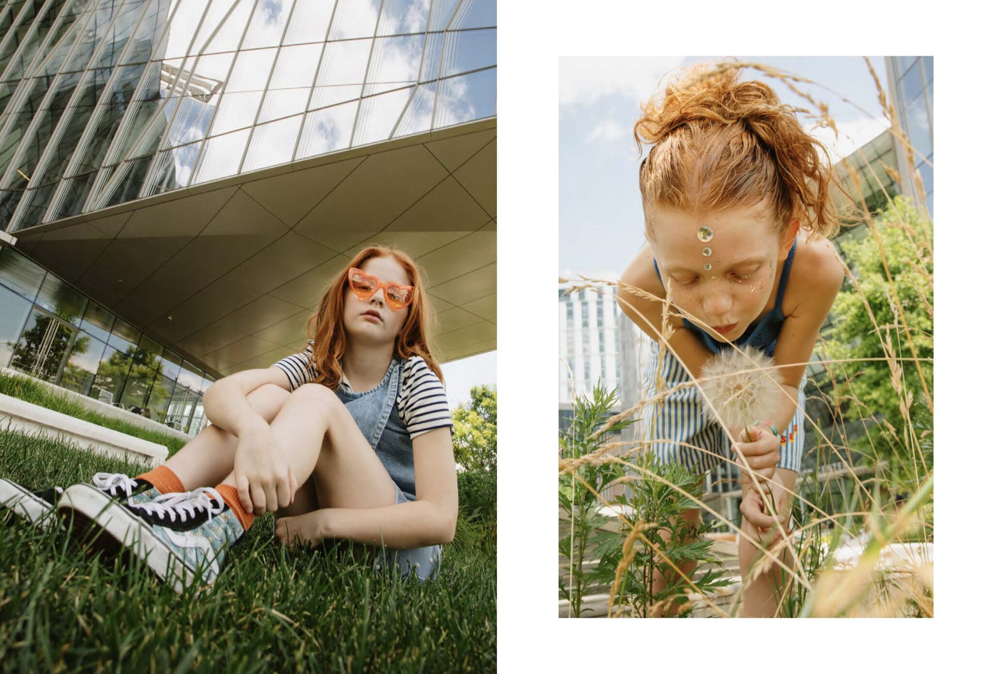Kids fashion editorial titled 'Summer Reflection' shot in New York City by Zoe Beltran, styled by Jessica Zindren. The left image shows a girl with red hair wearing orange heart-shaped sunglasses, sitting on the grass in front of a modern glass building. The right image features another girl with red hair, adorned with small mirrored stickers on her forehead, leaning down to blow on a dandelion in a grassy urban area. The playful and reflective nature of the scenes captures the essence of summer and childhood imagination.