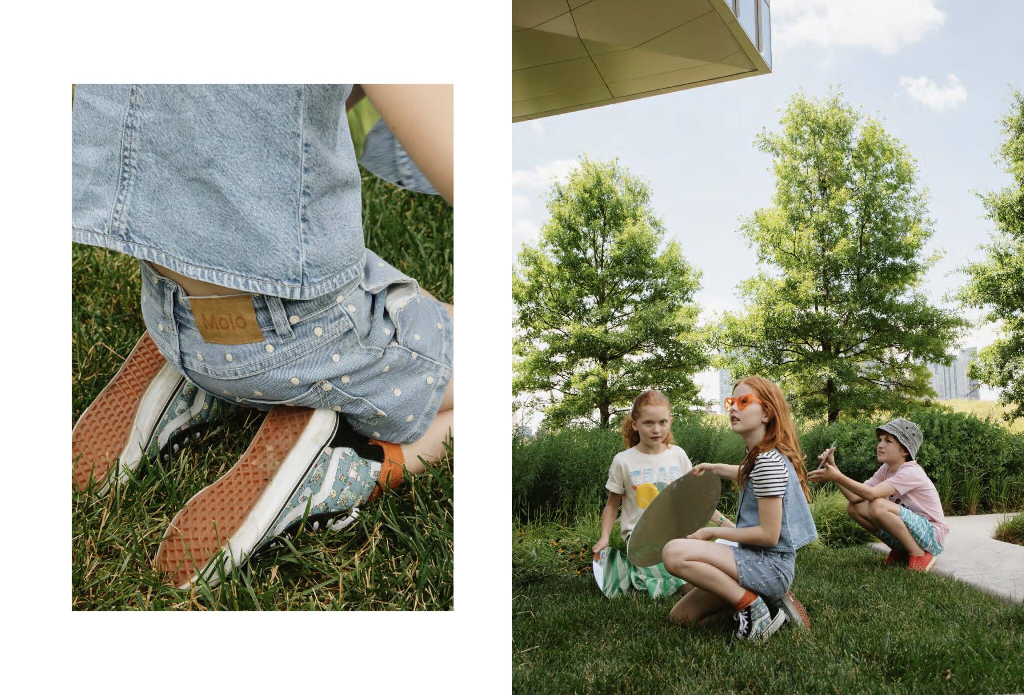 Kids fashion editorial titled 'Summer Reflection' shot in New York City by Zoe Beltran, styled by Jessica Zindren. The left image shows a close-up of a child's legs and shoes as they sit on the grass, wearing polka-dotted denim shorts and a denim vest. The right image features three children interacting outdoors in a grassy area with trees in the background. One girl, wearing orange heart-shaped sunglasses, holds a round mirror, while another girl and a boy, dressed casually, look on, capturing a moment of playful exploration.