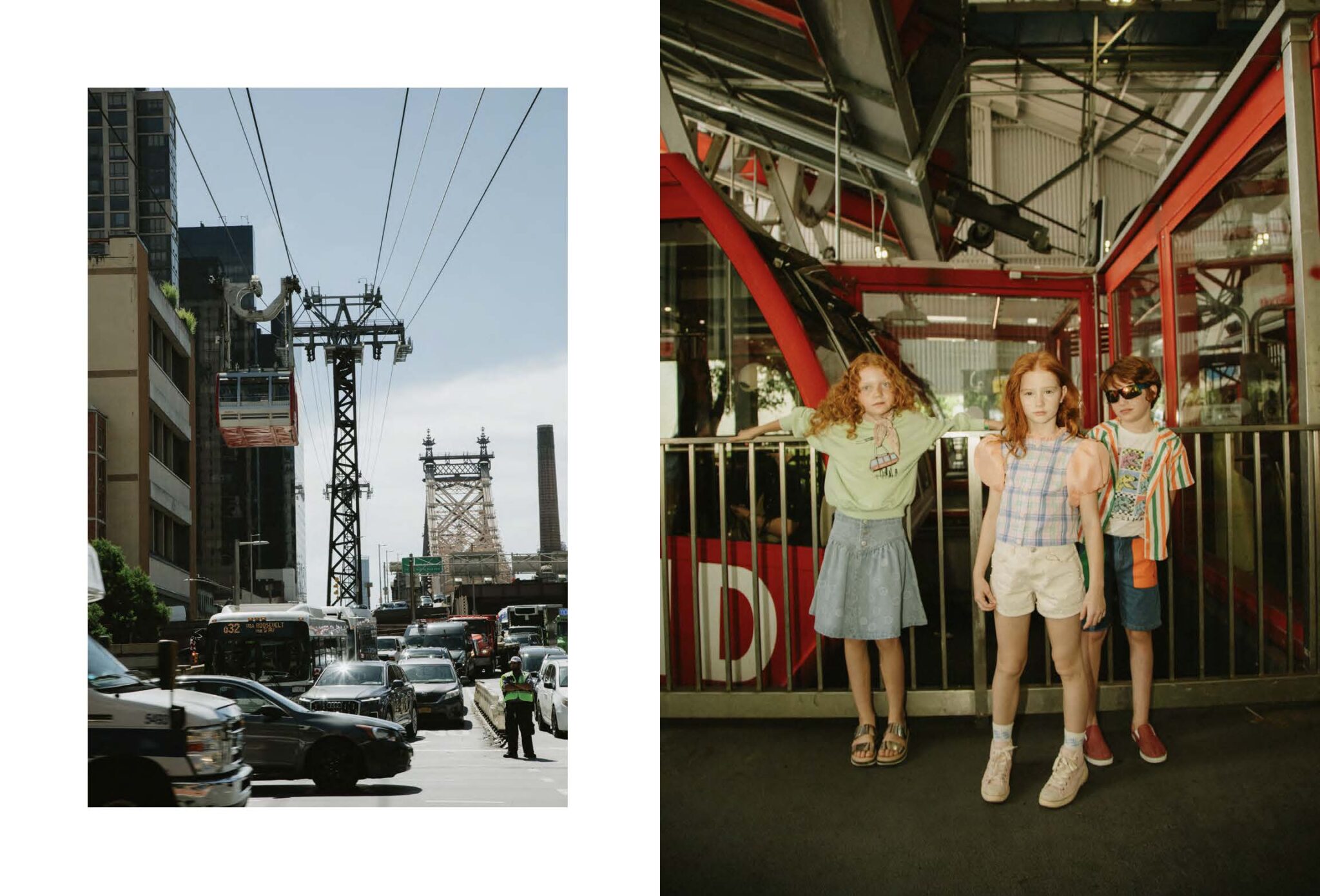 Kids fashion editorial titled 'Summer Reflection' shot in New York City by Zoe Beltran, styled by Jessica Zindren. The left image shows a busy city street with cars and a police officer directing traffic, with a tramway car suspended on cables leading towards the Queensboro Bridge in the background. The right image features three children standing in front of a red tram, dressed in stylish summer outfits. One girl is wearing a green sweatshirt and denim skirt, another girl is in a pastel plaid top with shorts, and the boy is in a striped shirt with sunglasses, capturing a vibrant urban scene.