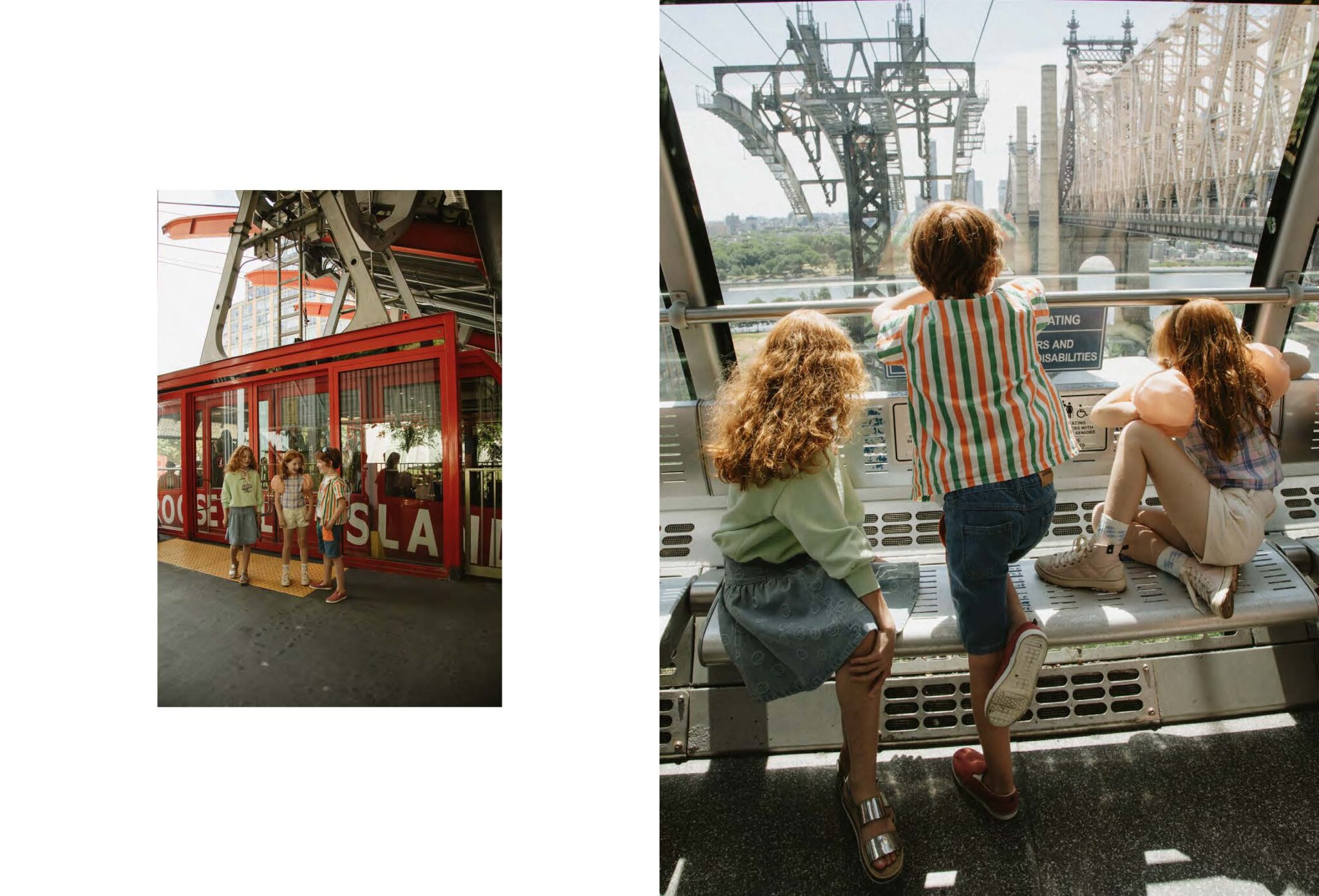 Kids fashion editorial titled 'Summer Reflection' shot in New York City by Zoe Beltran, styled by Jessica Zindren. The left image shows three children standing in front of a red Roosevelt Island tram, dressed in stylish summer outfits, engaging in conversation. The right image captures the same children inside the tram, looking out of the window towards the Queensboro Bridge, with two children standing and one girl kneeling on the seat. The scene highlights their excitement and curiosity as they observe the cityscape from above.