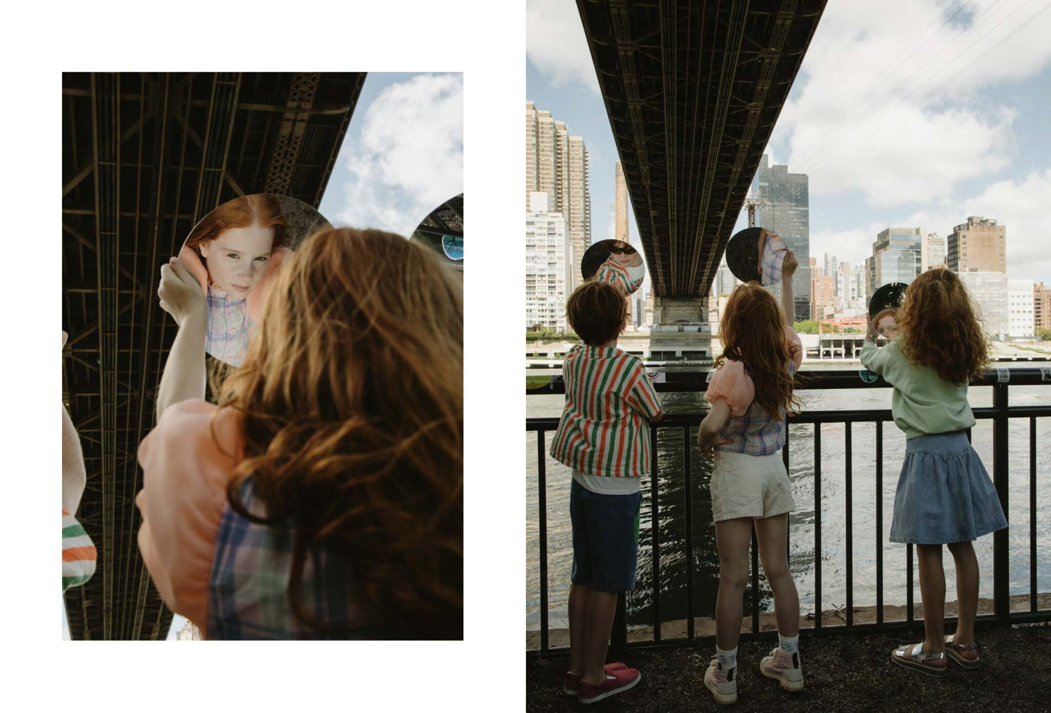 Kids fashion editorial titled 'Summer Reflection' shot in New York City by Zoe Beltran, styled by Jessica Zindren. The left image shows a girl holding a round mirror reflecting her face, with the underside of a bridge in the background. The right image features three children standing by a railing under the same bridge, each holding a mirror reflecting their faces and the cityscape behind them. The scene combines urban elements with playful reflections, highlighting the creativity and curiosity of childhood.
