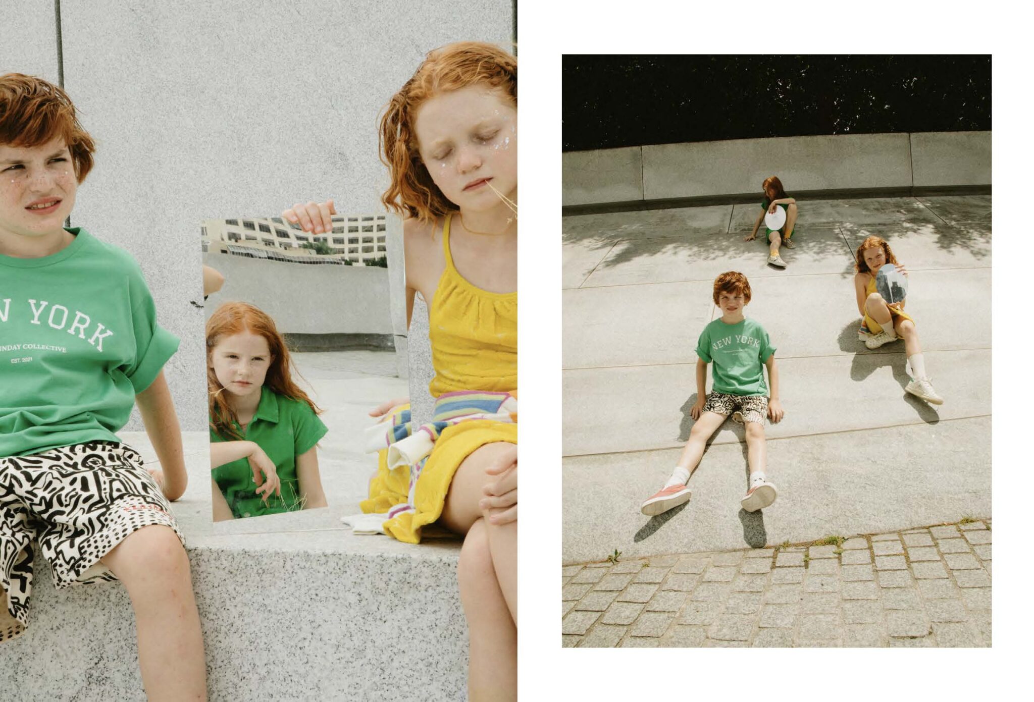 Kids fashion editorial titled 'Summer Reflection' shot in New York City by Zoe Beltran, styled by Jessica Zindren. The left image shows a boy wearing a green 'New York' t-shirt and patterned shorts, sitting next to a girl in a yellow dress holding a mirror that reflects another girl's face. The right image captures three children sitting on a sloped concrete surface. The boy in the green t-shirt is seated in the foreground, while the girls in yellow and green outfits are in the background, one holding a mirror, creating a playful and reflective urban scene