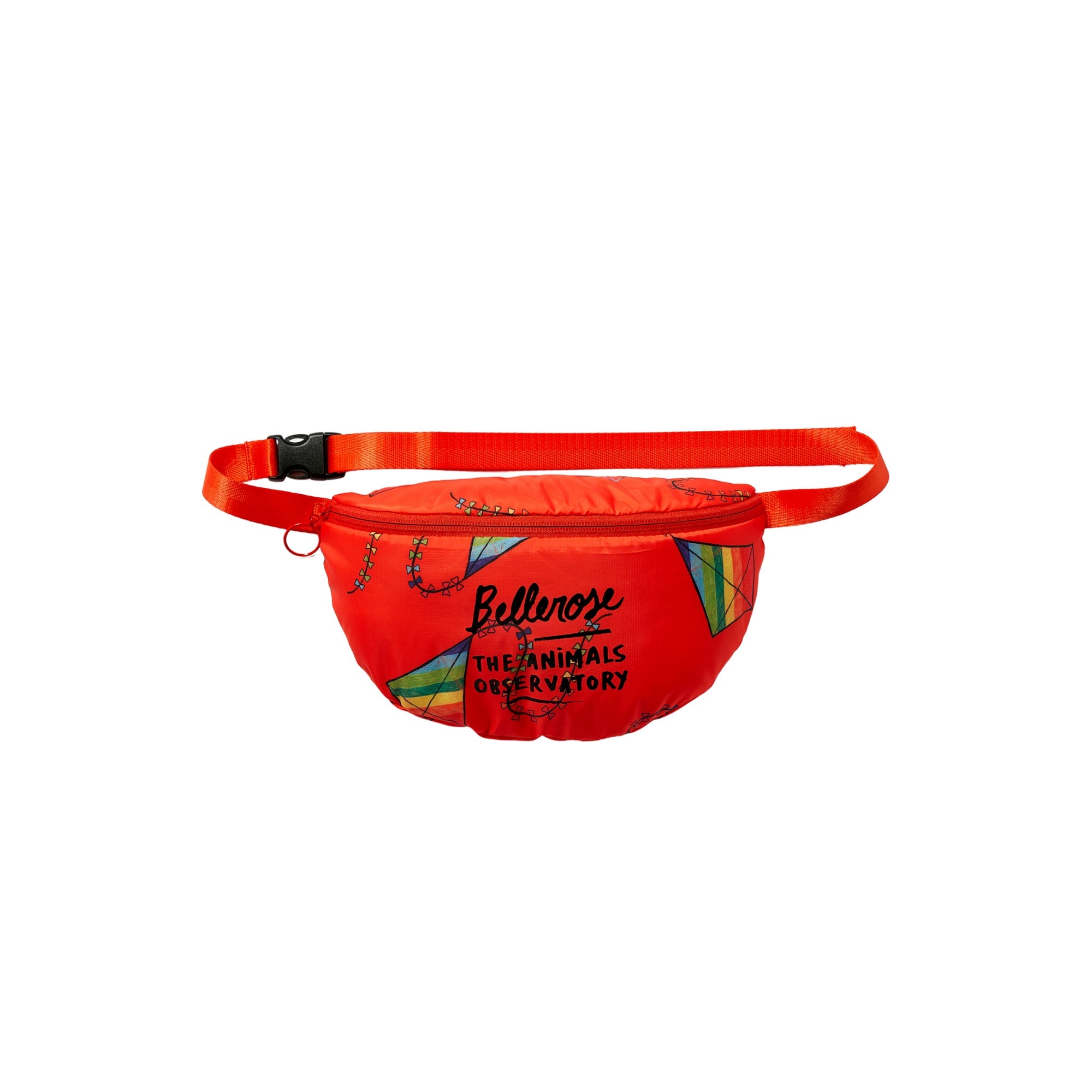 A bright red belt bag from The Animals Observatory and Bellerose collaboration. The bag features a colorful kite design and black 