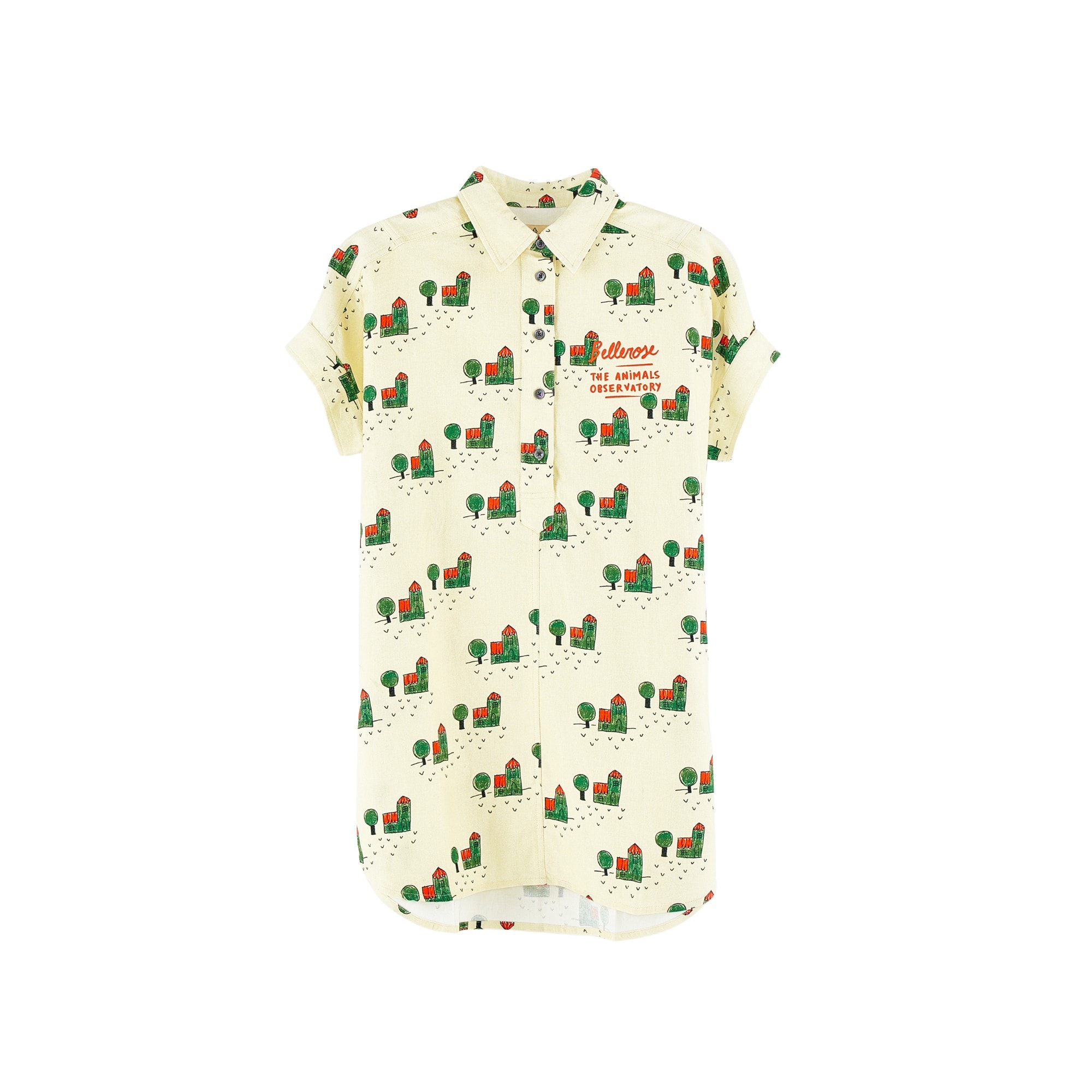 A light yellow short-sleeve shirt dress from The Animals Observatory and Bellerose collaboration. The dress features an all-over print of small houses and trees in green and red, adding a playful and whimsical touch. The dress has a classic collar and a button-down front, with 