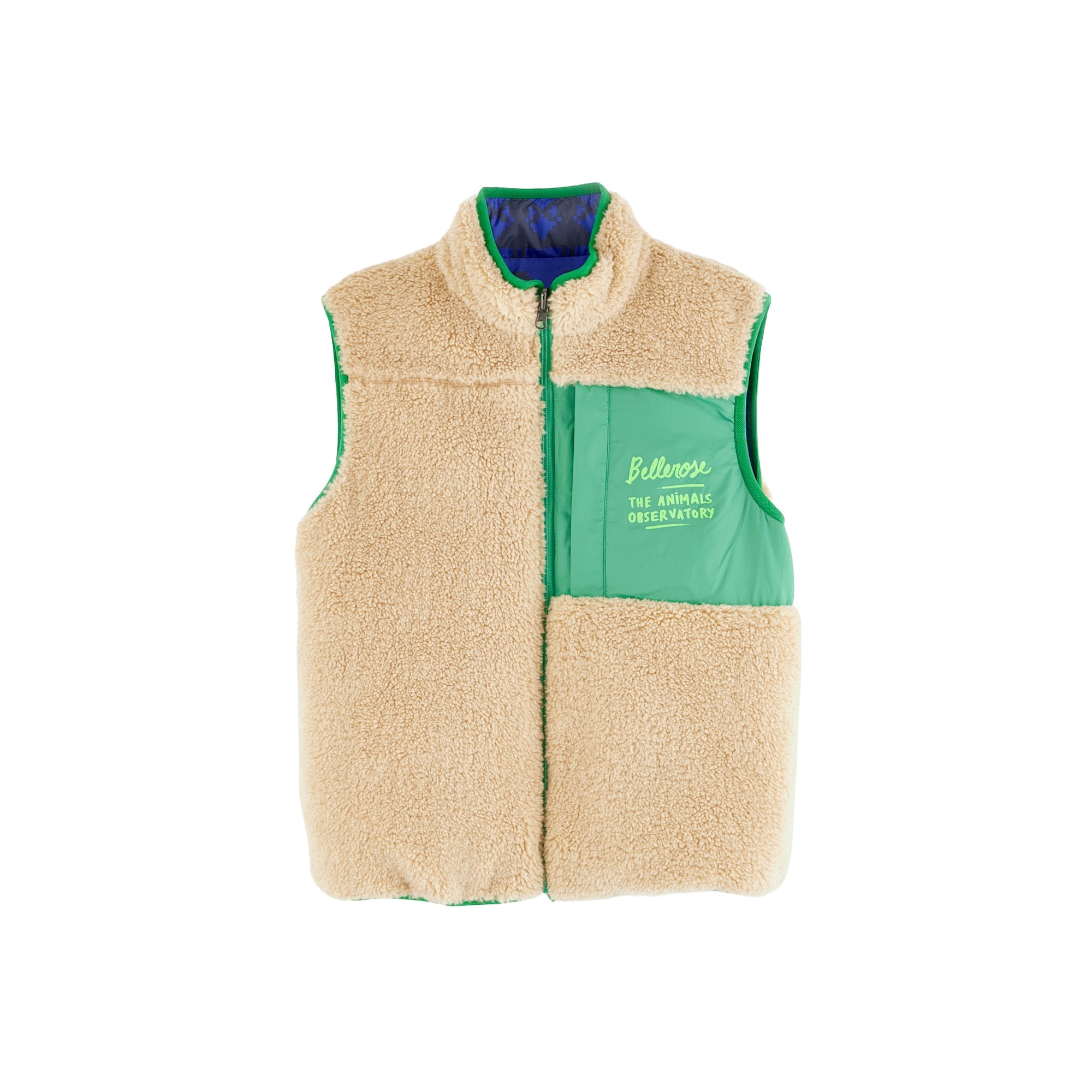 A beige sherpa vest with green nylon accents from The Animals Observatory and Bellerose collaboration. The vest features a high collar, a large front pocket, and 