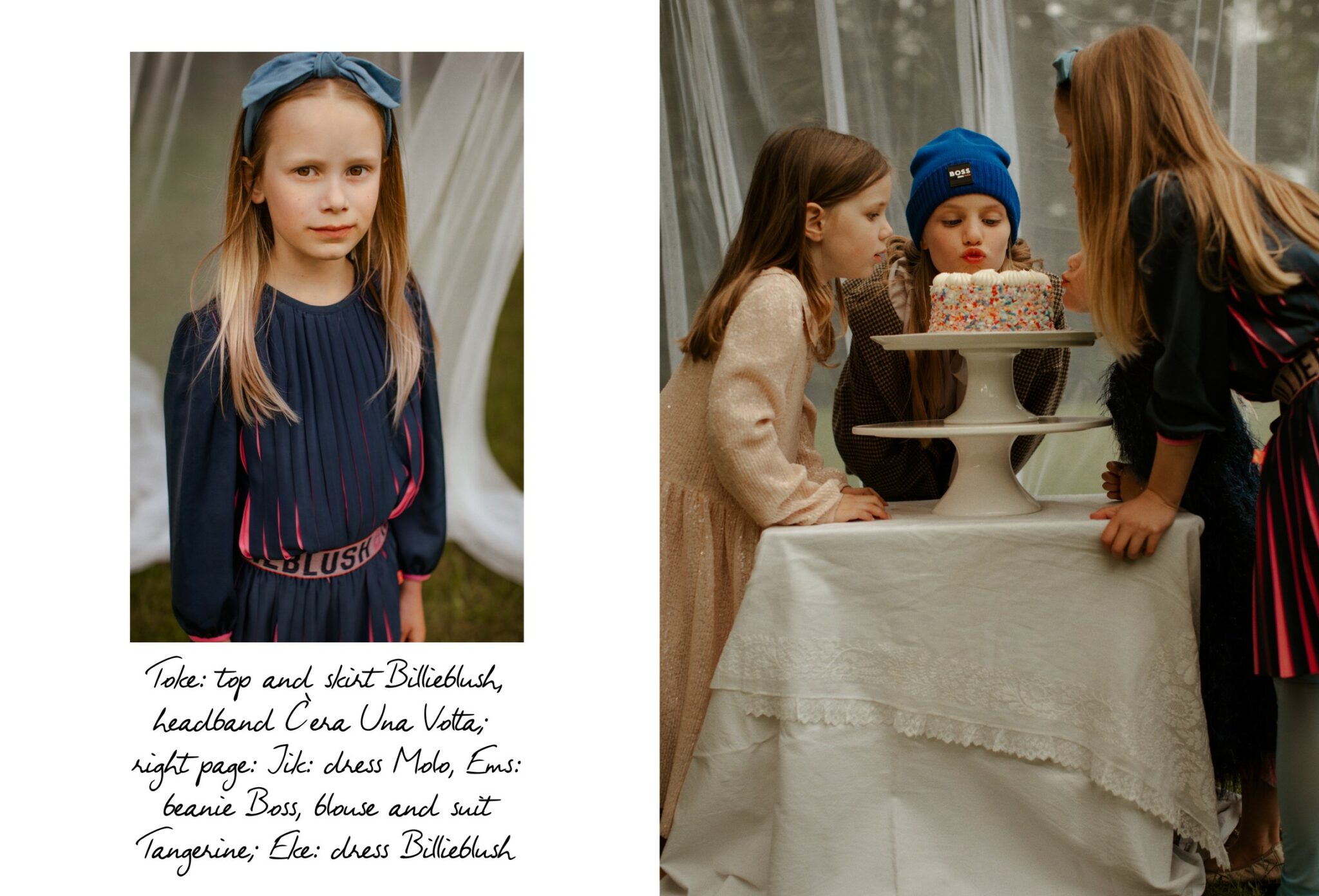 A young girl with long blonde hair wears a pleated dress with a bold, blue headband. She stands outdoors, gazing softly. The next image shows a group of children, leaning in to blow out candles on a beautifully decorated cake.