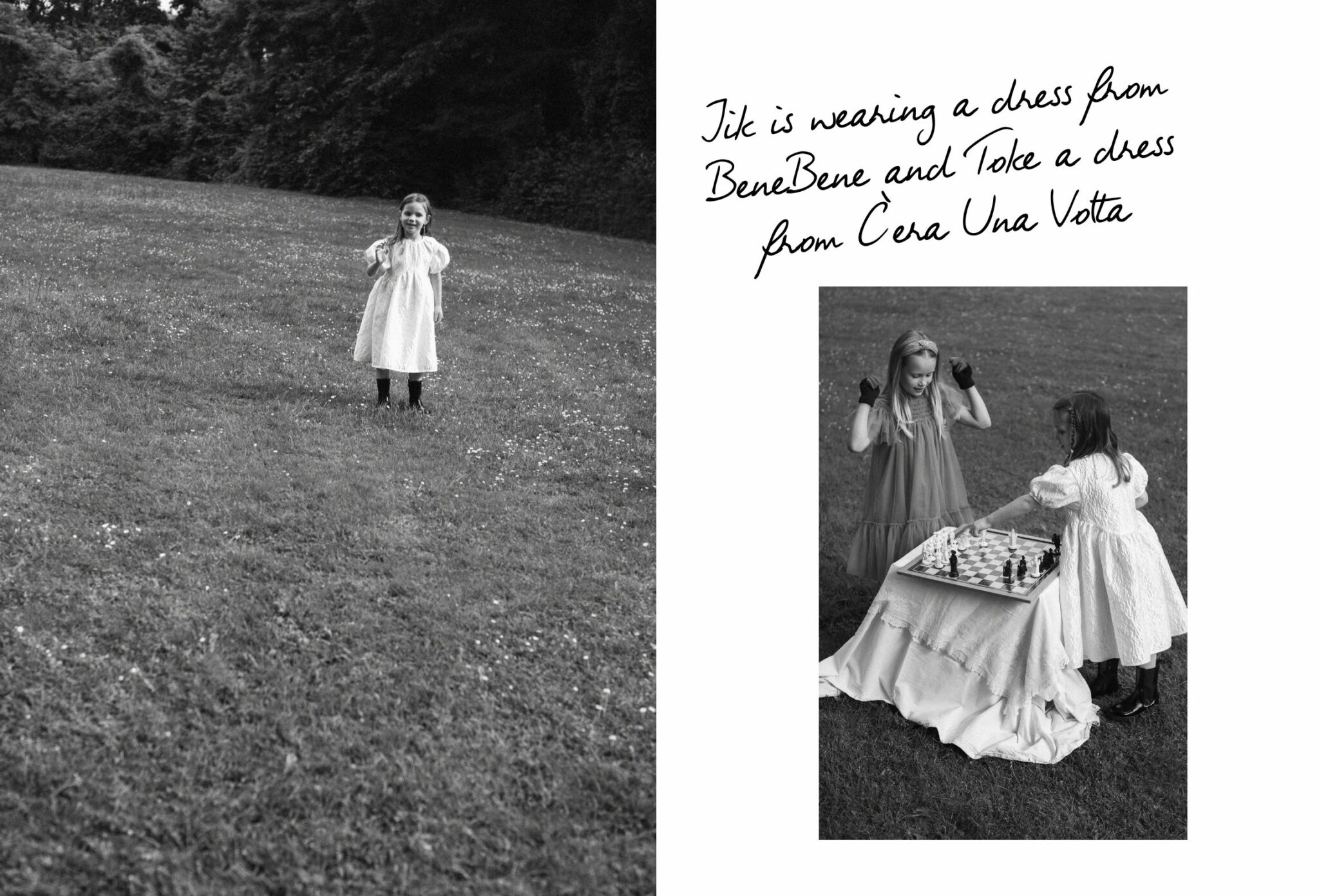 In a playful, black-and-white scene, a young girl stands alone in the middle of a wide, open field, while another image shows two girls playing chess on a table draped in white fabric.