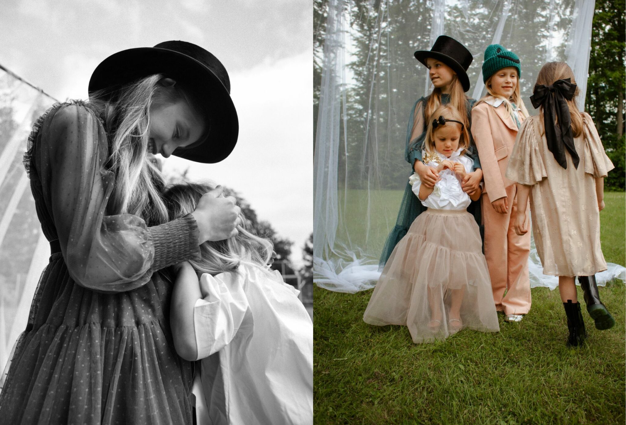 A heartwarming moment as two children embrace. One girl in a tall hat holds her younger friend close. Another image shows four children posing together, wearing whimsical outfits, including a soft green coat and hats.