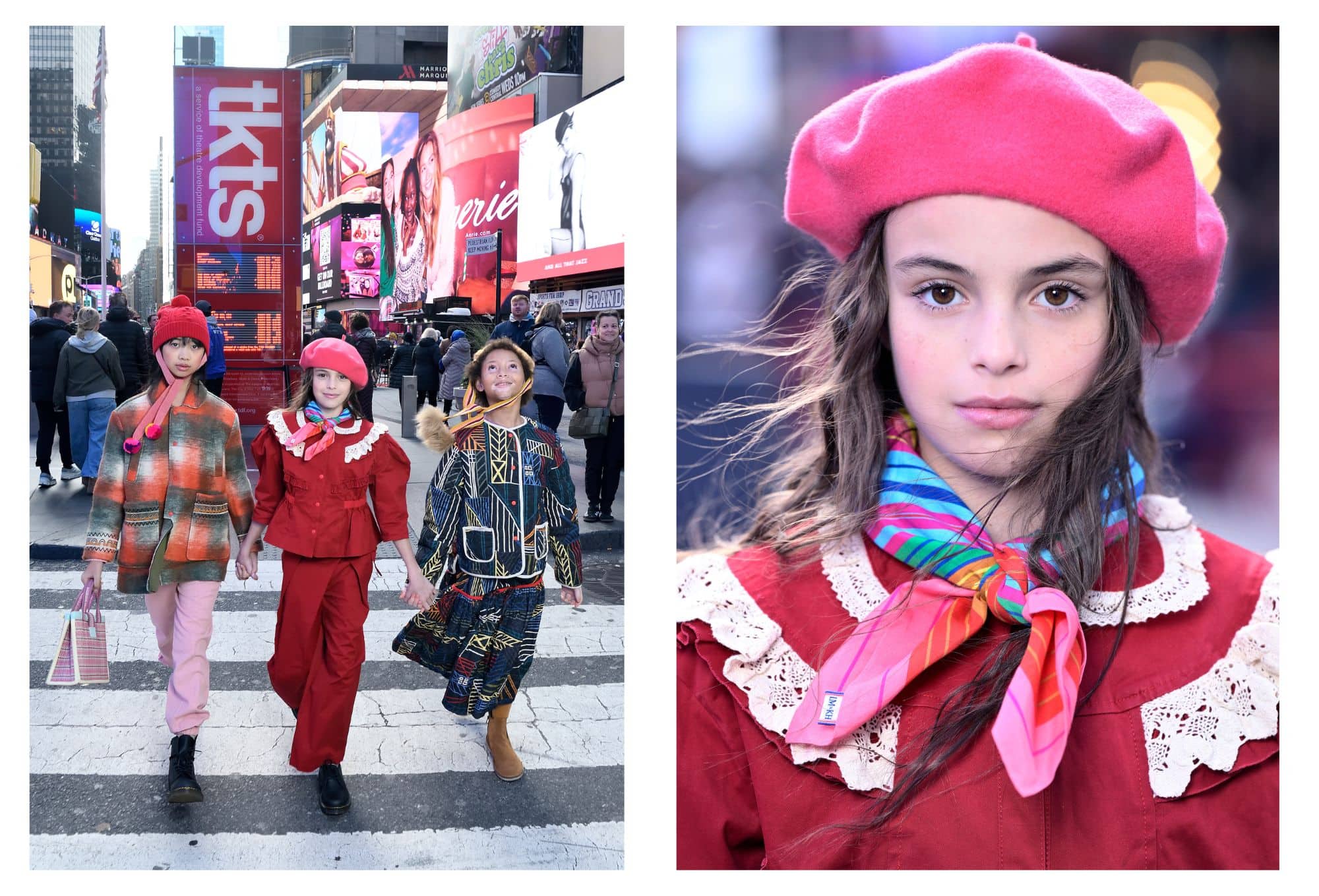 Two vibrant images capturing kids' fashion in Times Square. On the