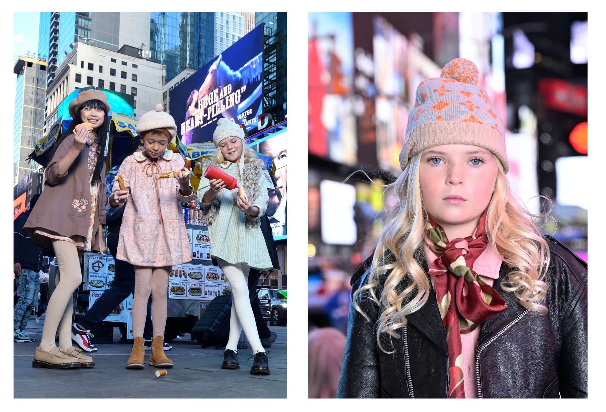 Two images showcasing kids enjoying the lively atmosphere of Times Square. On the left, three children stand near a street food vendor, holding snacks and laughing as they share a fun moment together. The cityscape is filled with towering buildings and bright billboards in the background. On the right, a close-up of a young girl with blonde curls wearing a beige knit beanie with orange details, a leather jacket, and a scarf, looking confidently into the camera against the glowing lights of the city.
