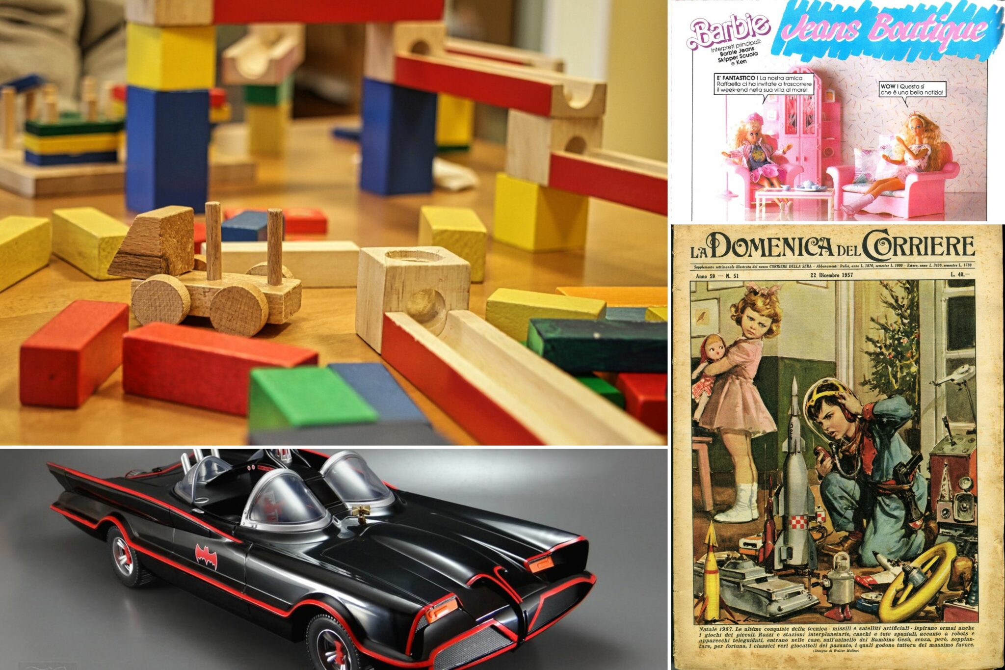 Collage di immagini nostalgiche legate al mondo dei giochi d'infanzia: costruzioni in legno colorato, pubblicità vintage di Barbie, una copertina illustrata de