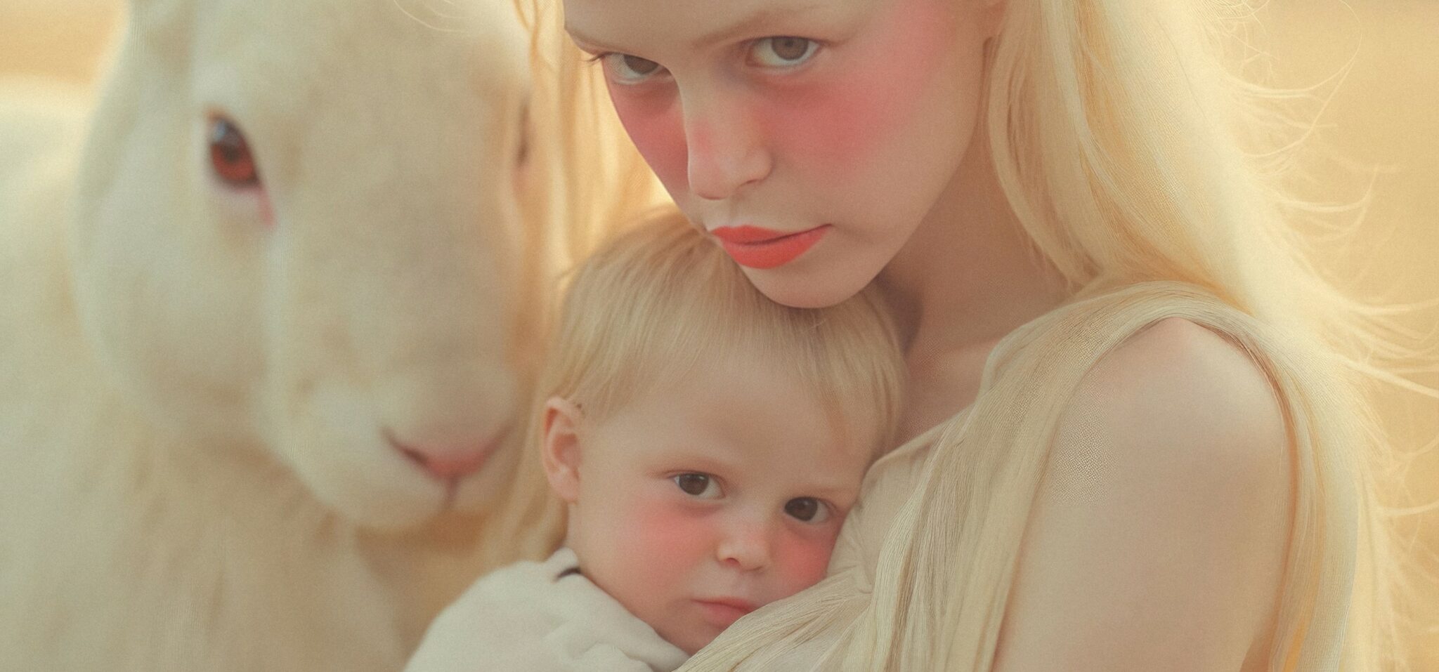 donna con bambino e coniglio