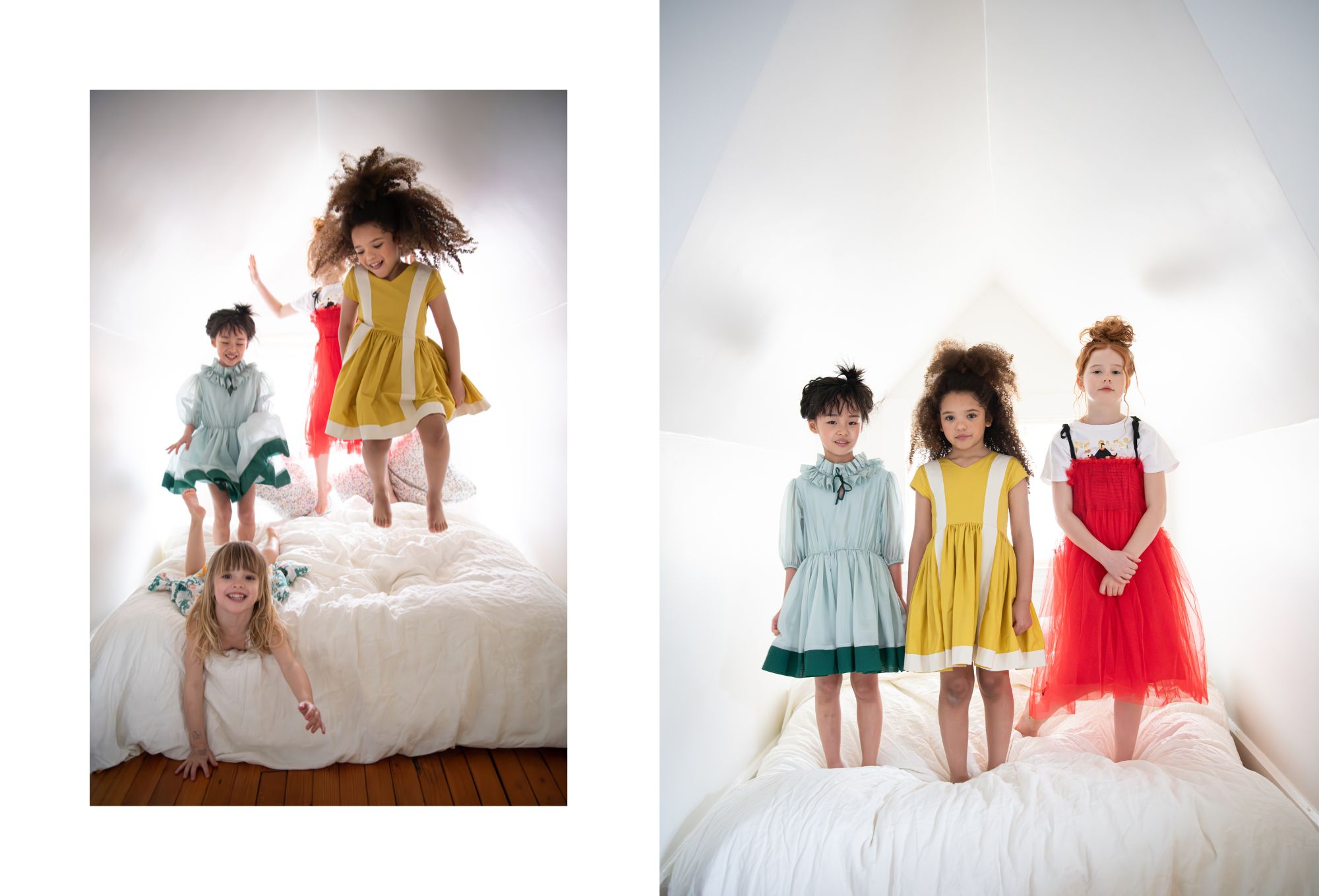 In a bright white attic bedroom, a young girl with red hair stands on a bed wearing a vibrant red tulle dress over a printed T-shirt. In the left image, she lifts a sheer white fabric above her head as it flows dramatically around her. In the right image, she looks down intently at a vintage twin-lens reflex camera she holds in both hands. The soft light and dreamy atmosphere evoke a sense of play and imagination. Photo by Sabrina Helas.