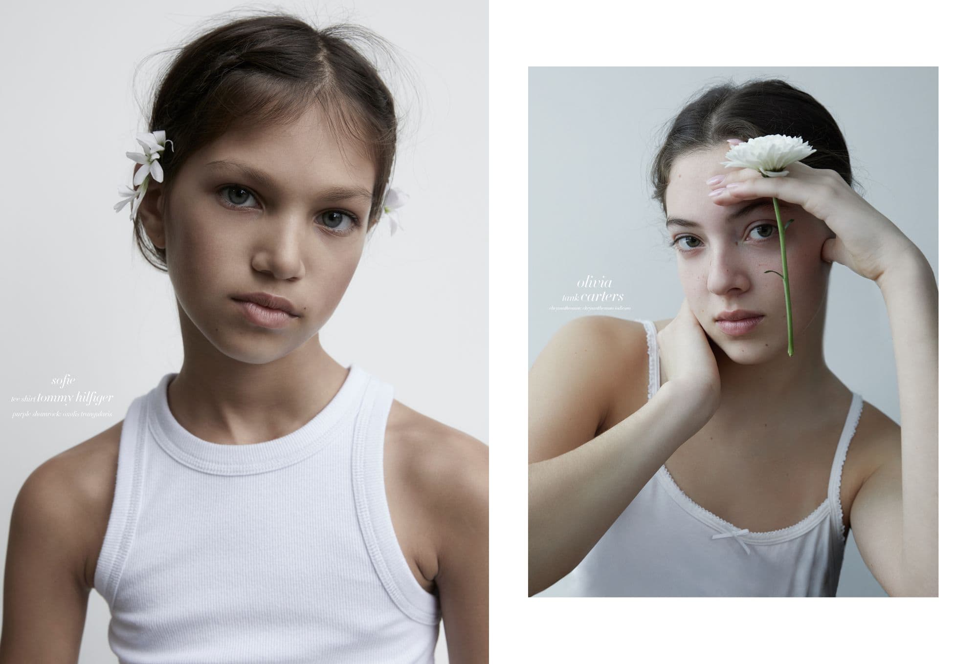 Doppio ritratto su sfondo neutro: a sinistra bambina con top bianco in costina e fiorellini tra le trecce; a destra ragazza in canottiera bianca che appoggia alla fronte uno stelo di margherita; editoriale moda “Moon Garden” di Cleo Sullivan.