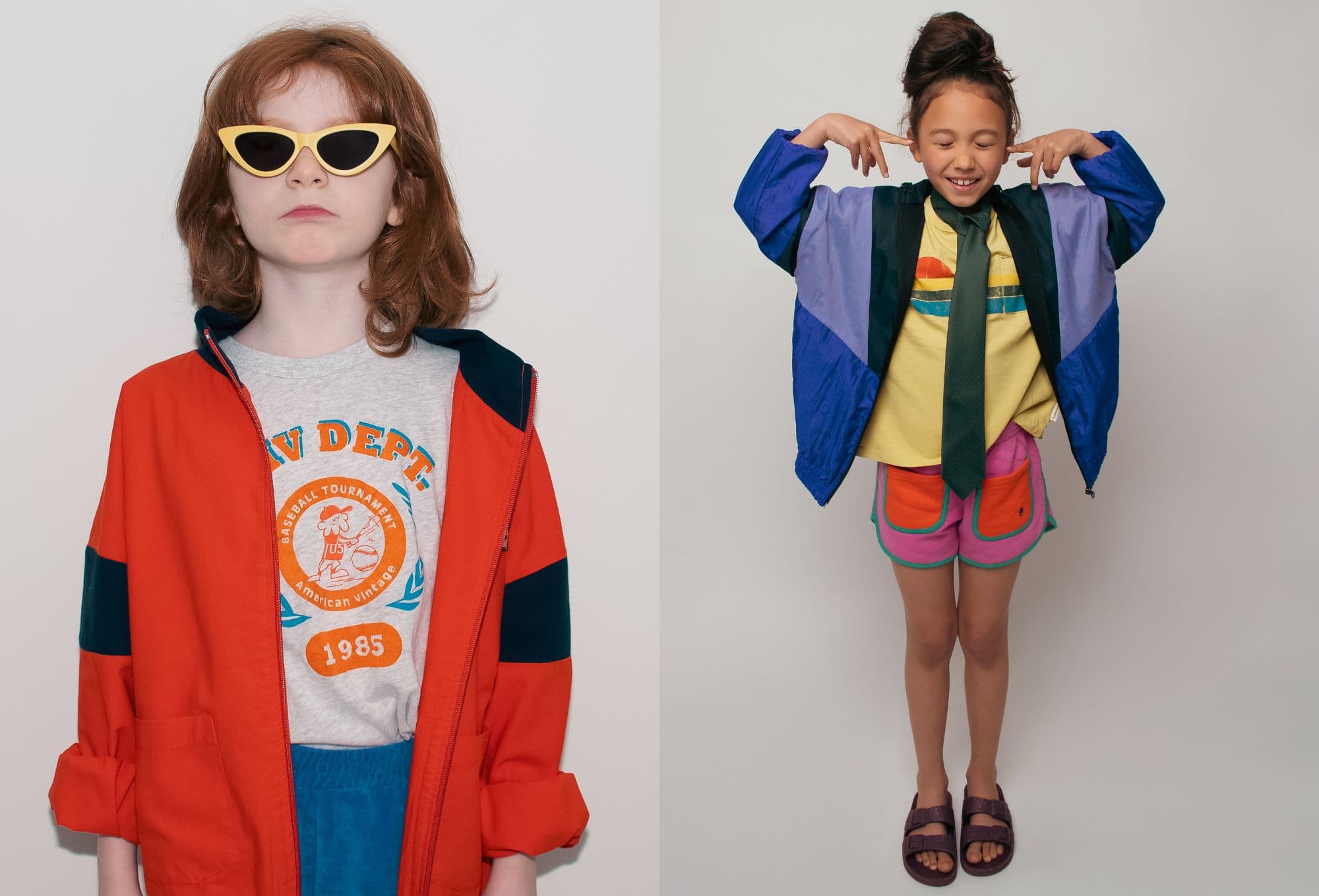 Split portrait: on the left, a serious red-haired child in a sporty red jacket and yellow cat-eye sunglasses; on the right, a smiling girl in colorful activewear playfully covering her ears.