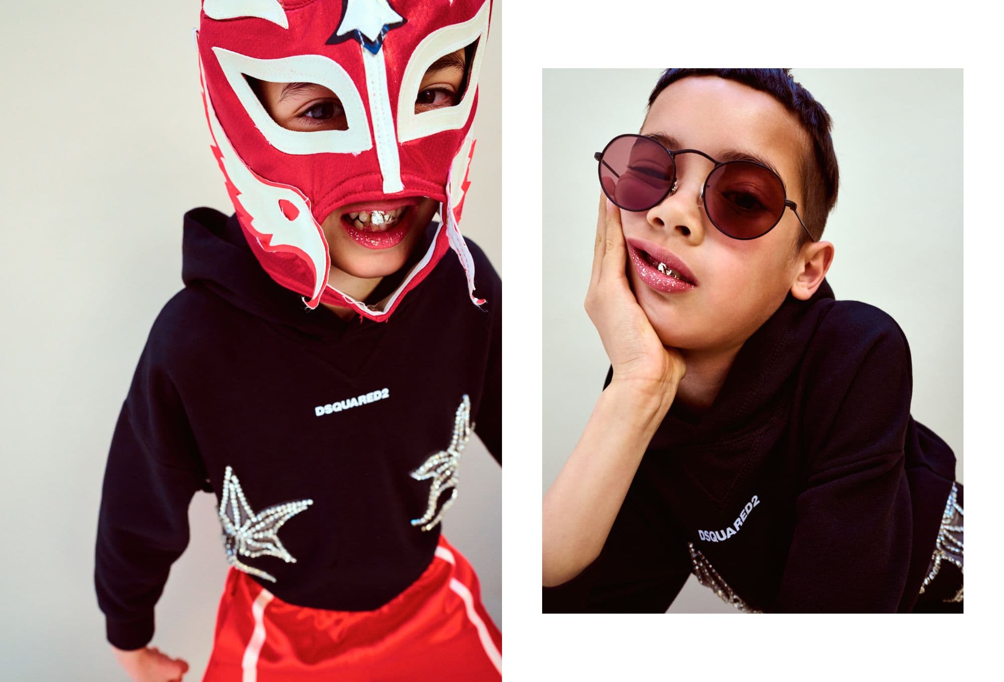Due ritratti di un bambino che indossa felpa nera con decorazioni scintillanti e logo DSQUARED2. A sinistra, posa con maschera da lucha libre rossa e bianca e pantaloni sportivi rossi. A destra, senza maschera, indossa occhiali da sole rotondi e mostra denti decorati con brillantini, poggiando il viso su una mano in una posa ironica. Fotografia di Paola Amenta.