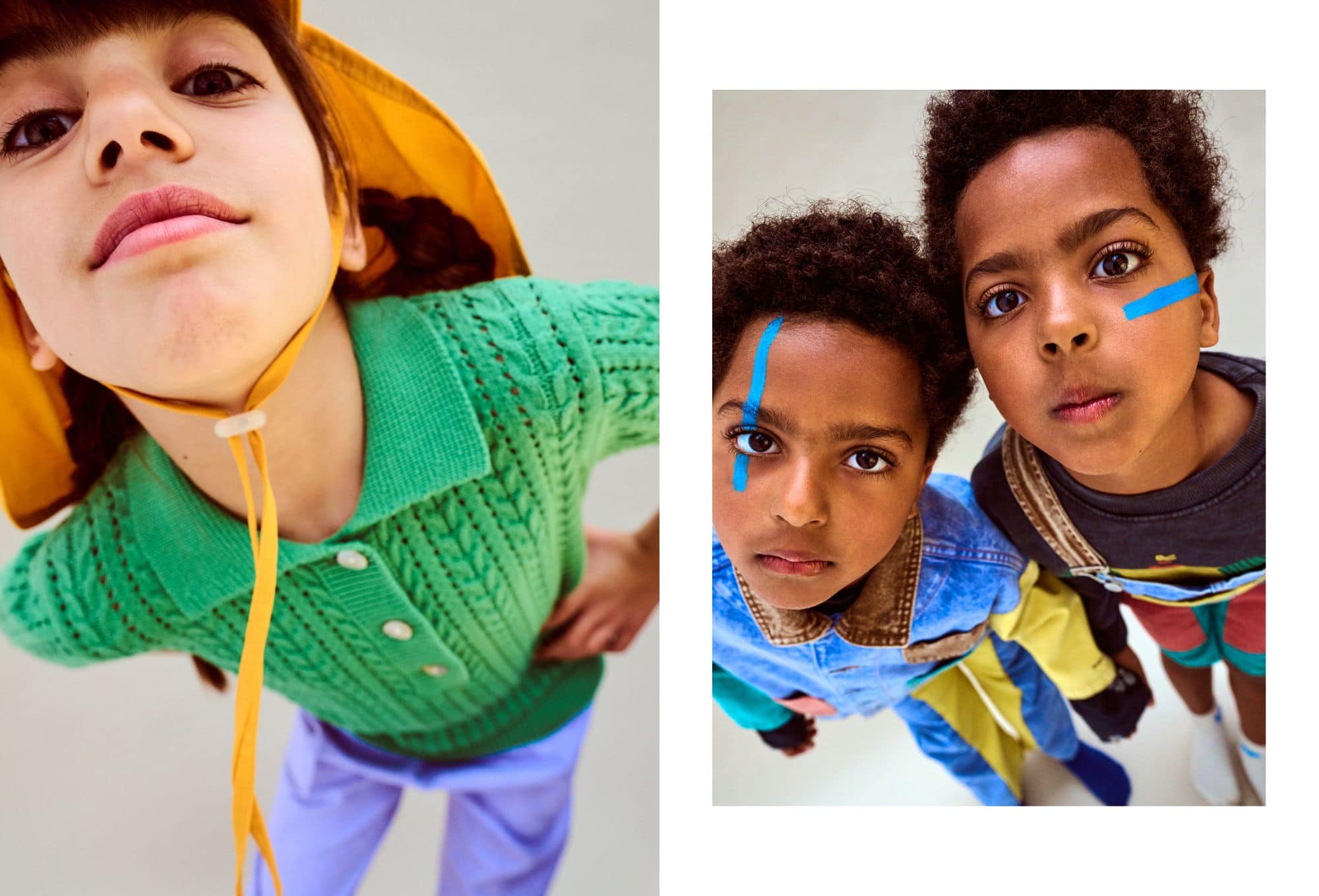Due ritratti di bambini fotografati dal basso con espressioni curiose e decise. A sinistra, una bambina con maglione verde e cappello giallo con laccio sotto il mento guarda in camera con aria fiera. A destra, due fratelli con segni blu dipinti sul viso fissano l’obiettivo: uno indossa una giacca patchwork di jeans, l’altro salopette con t-shirt. Fotografia di Paola Amenta.
