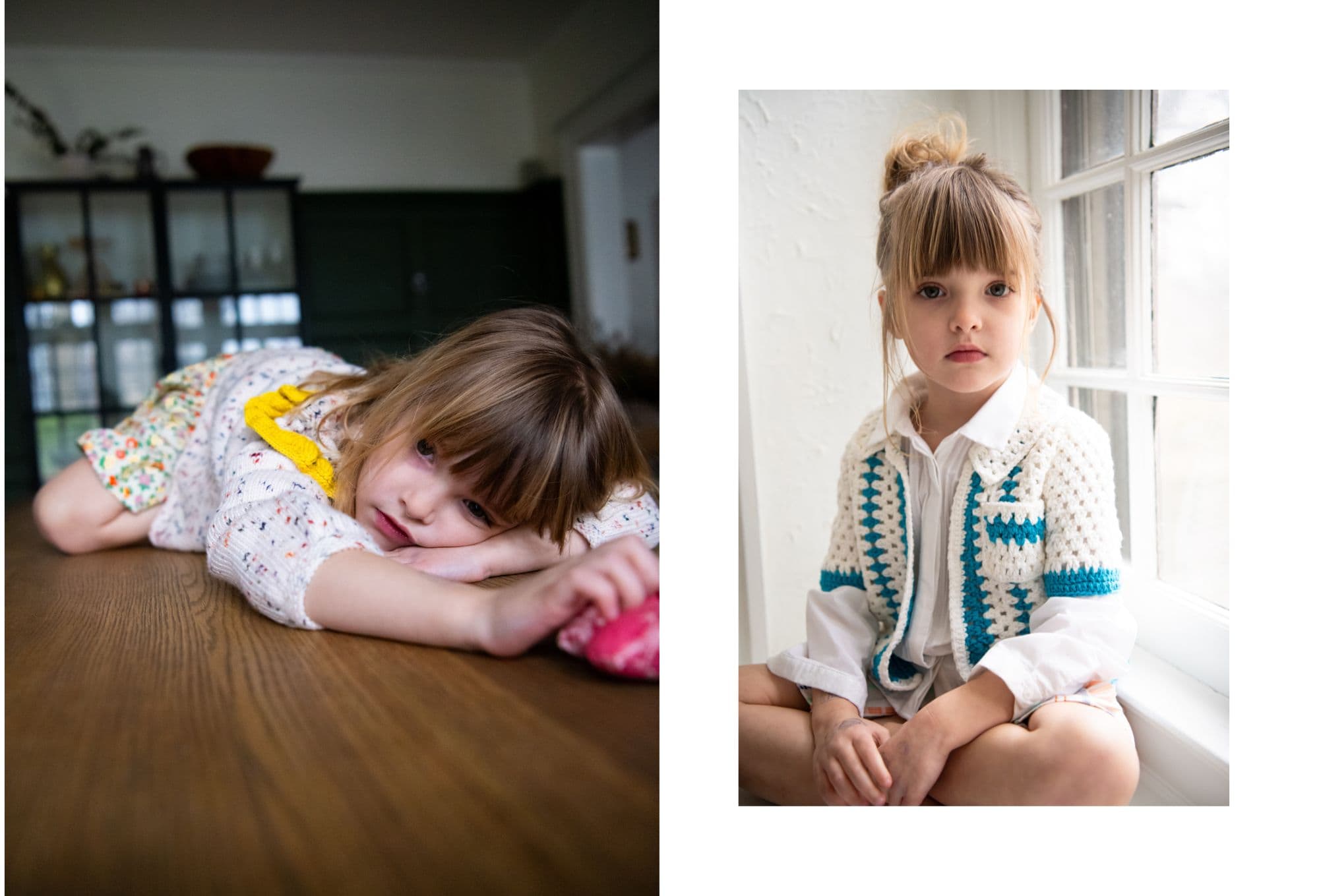 On the left, a young girl lies on a wooden table with her head resting on her arm, looking thoughtfully ahead. She wears a floral outfit with a speckled knit sweater and a yellow ruffled collar. On the right, the same girl sits cross-legged by a window in soft daylight, wearing a white shirt and a crocheted cardigan with blue accents. Her hair is tied up in a messy bun with loose strands framing her face. Photo by Sabrina Helas.