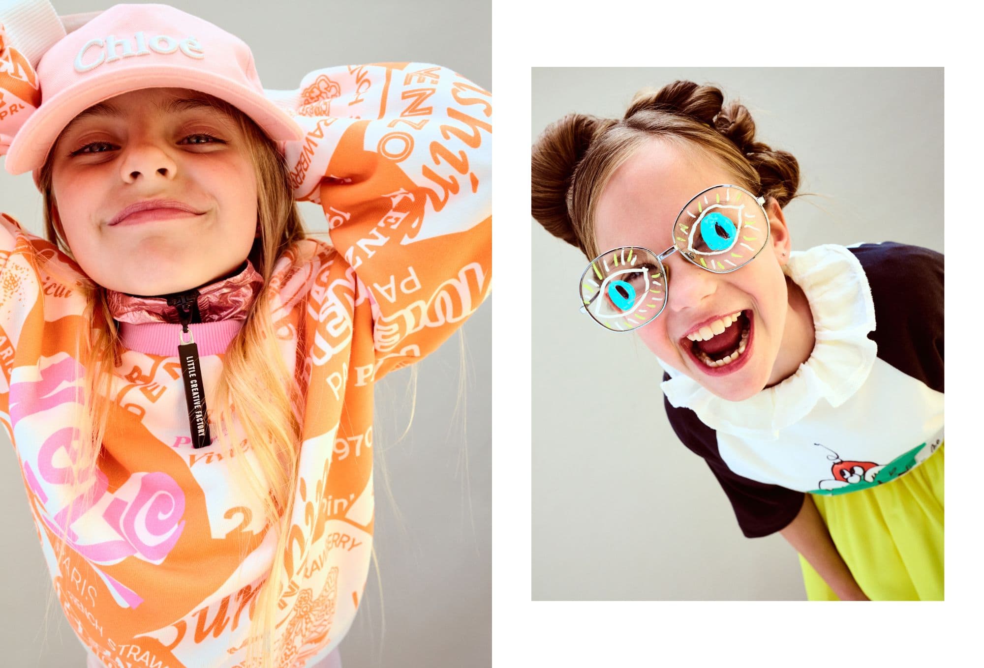 Due bambine in ritratti ravvicinati e divertenti. A sinistra, una bambina con cappellino rosa Chloé e felpa arancione e bianca con stampe grafiche posa sorridendo con le mani dietro la testa. A destra, una bambina con due chignon ride a bocca aperta indossando grandi occhiali con occhi disegnati e un abito con colletto a volant. Fotografia di Paola Amenta.