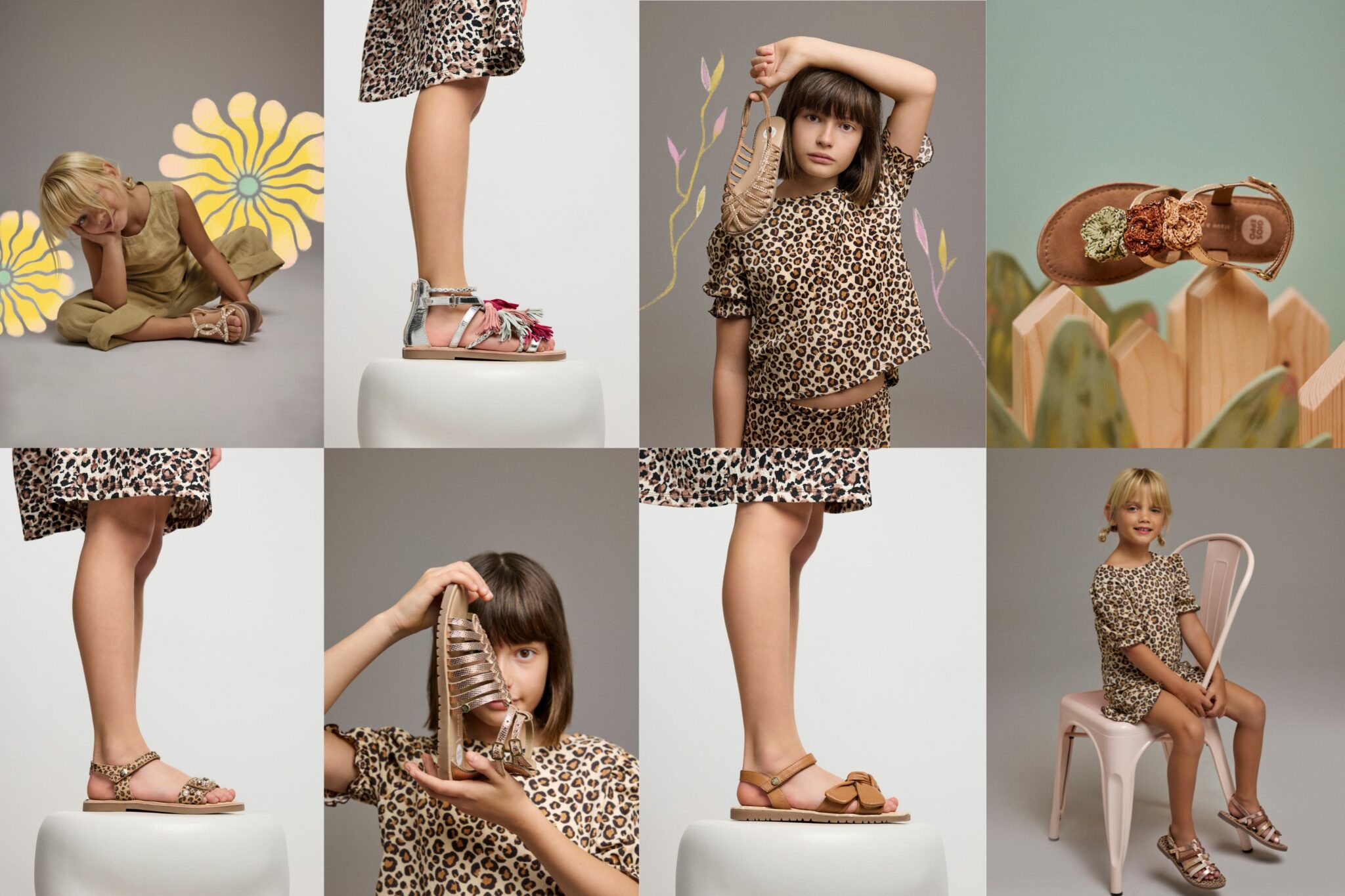 Collage of kids' fashion photos featuring girls wearing various styles of Gioseppo sandals. The children pose playfully in leopard-print and neutral outfits, showcasing metallics, braids, bows, and floral appliqués. The settings are minimalistic with soft pastel or illustrated backgrounds, drawing attention to the sandals and the fun, stylish attitude of the shoot.