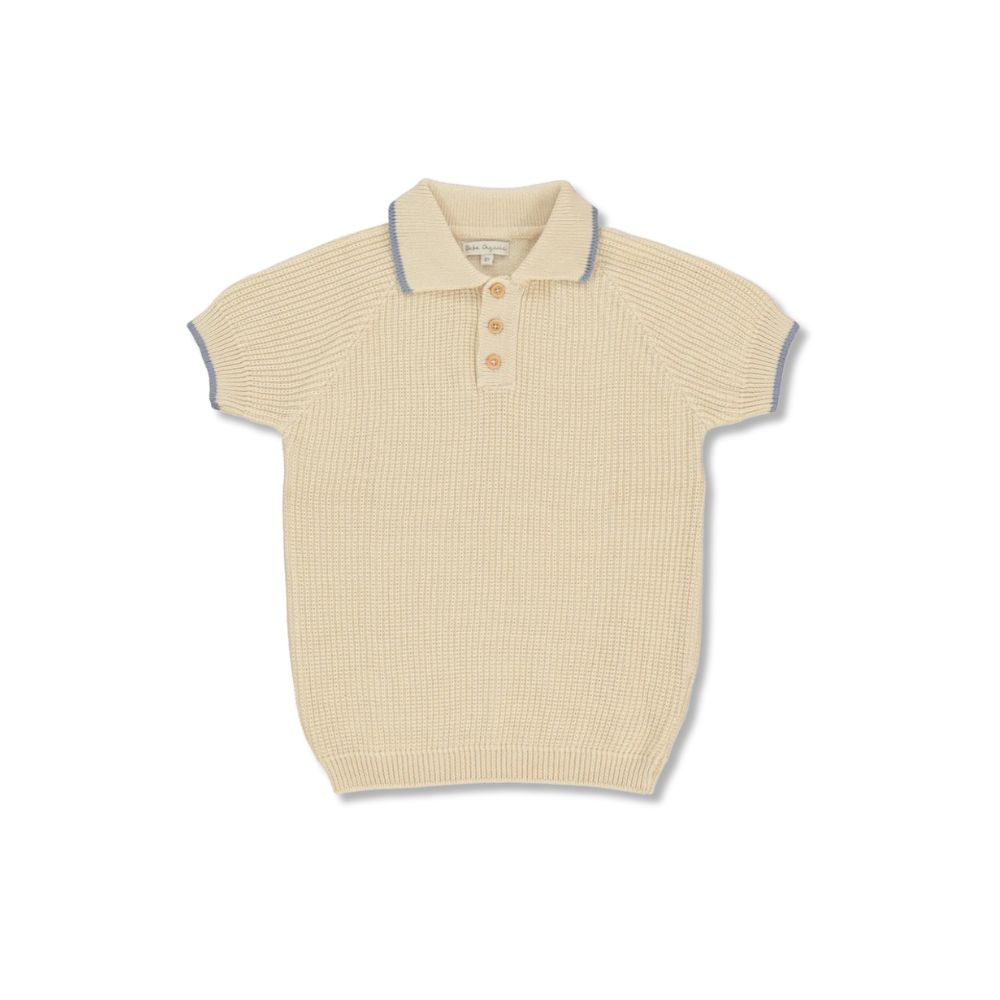 Beige knitted polo shirt by BEBE ORGANIC with short sleeves, front buttons, and light blue trim details.