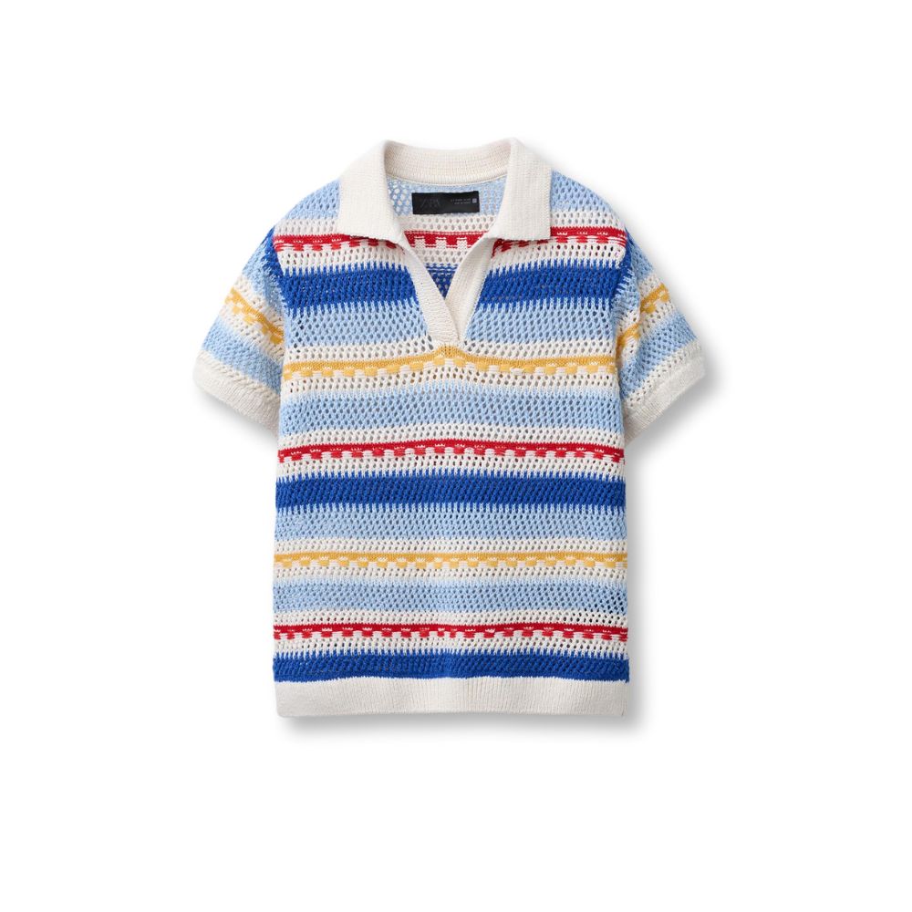 Open-knit striped polo shirt by ZARA with short sleeves and a V-neck, featuring red, yellow, blue, and ivory tones.