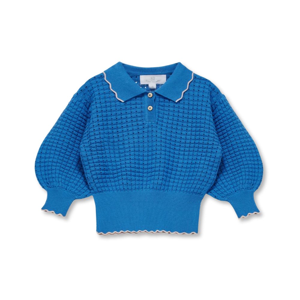 Blue knitted polo shirt by C’era una volta, featuring puff sleeves, scalloped edges, and delicate openwork texture.