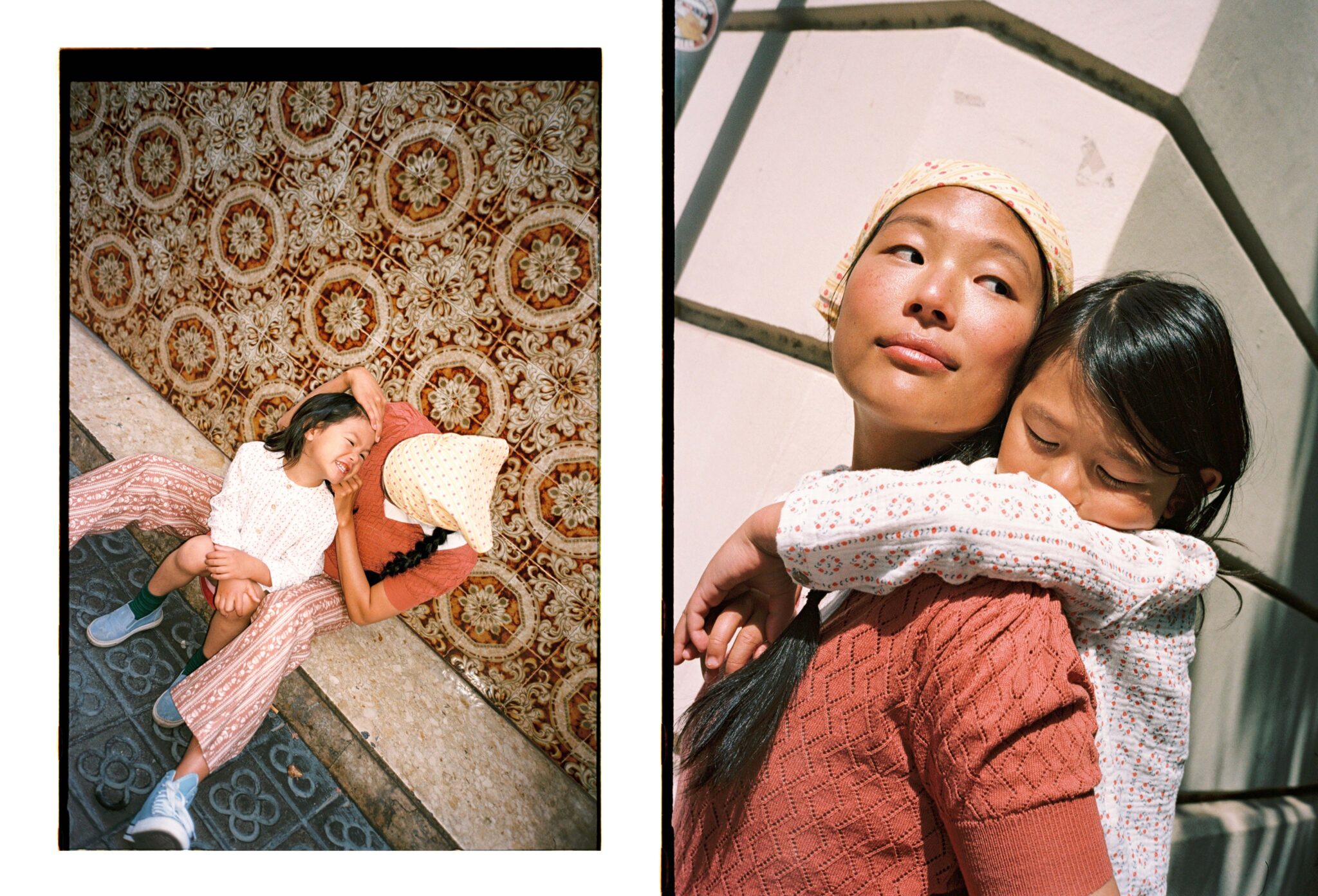 Two photographs by Paola Amenta portraying tender mother-daughter moments. On the left, the mother sits on a bench against a richly patterned tiled wall, playfully holding and caressing her laughing daughter. On the right, the girl rests her head sleepily on her mother’s shoulder, her arms gently wrapped around her neck, both bathed in soft sunlight and quiet affection.