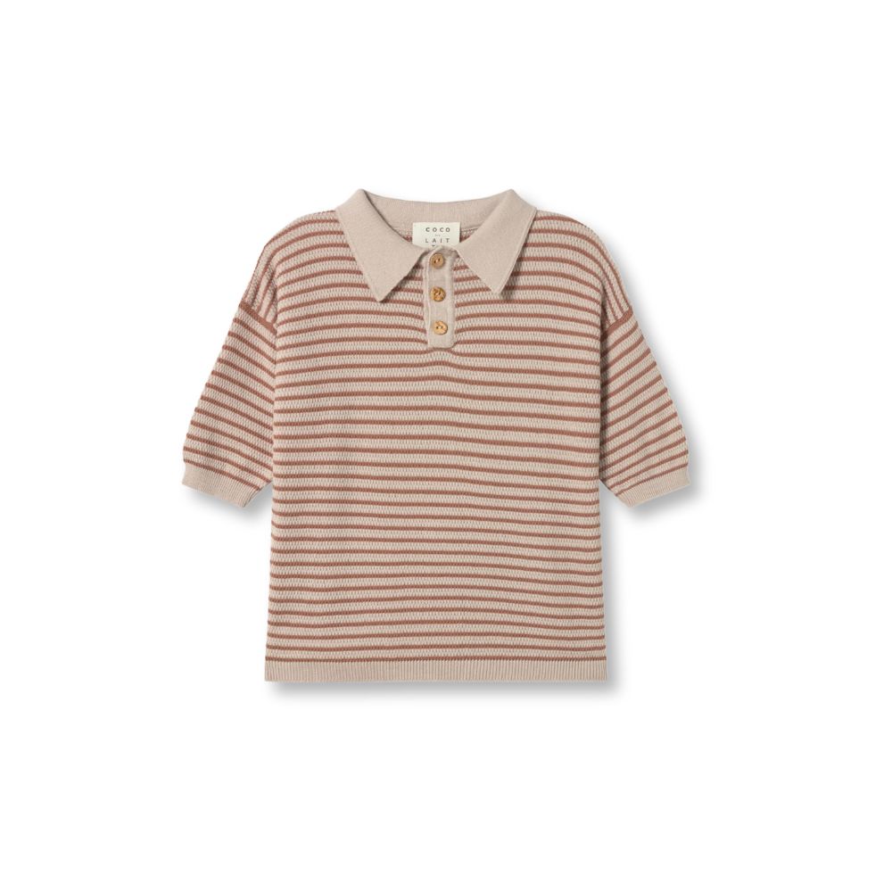 Striped knitted polo shirt by COCO AU LAIT in beige and terracotta tones, with short sleeves and button placket.