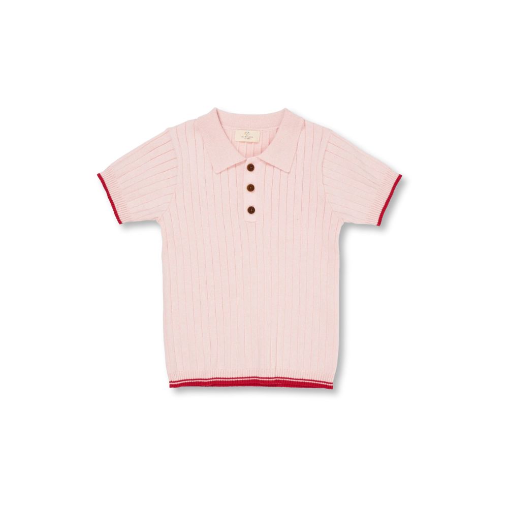 Light pink ribbed knit polo shirt by COPENHAGEN COLORS, featuring short sleeves and red contrast trims.