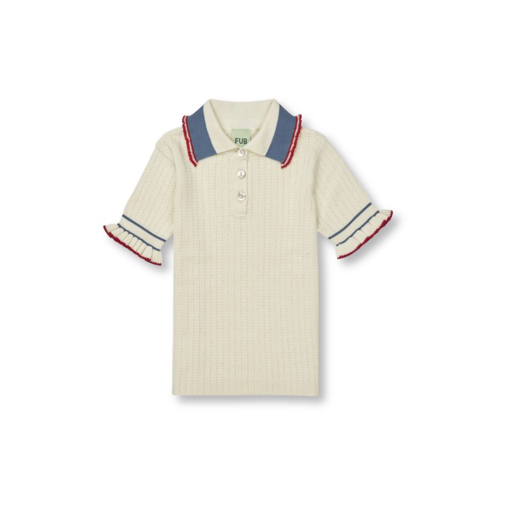 Knitted short-sleeve polo shirt by FUB with frilled sleeve edges and contrast blue and red details.