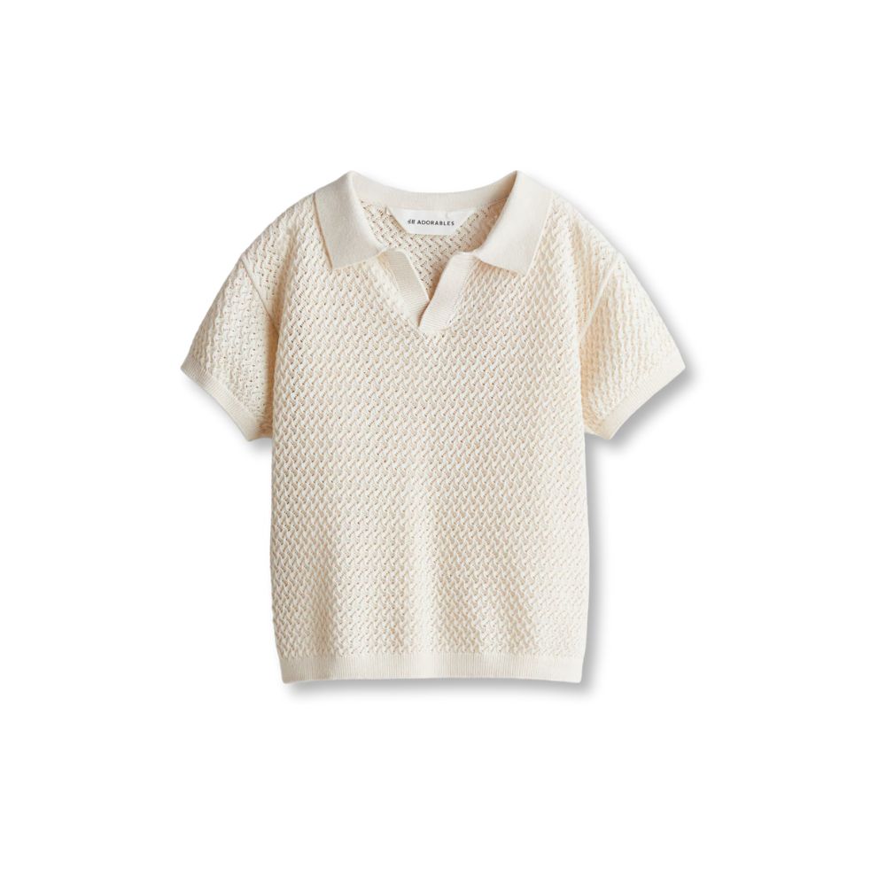 Ivory open-knit polo shirt by H&M with short sleeves and a soft collar, featuring a textured zigzag pattern.