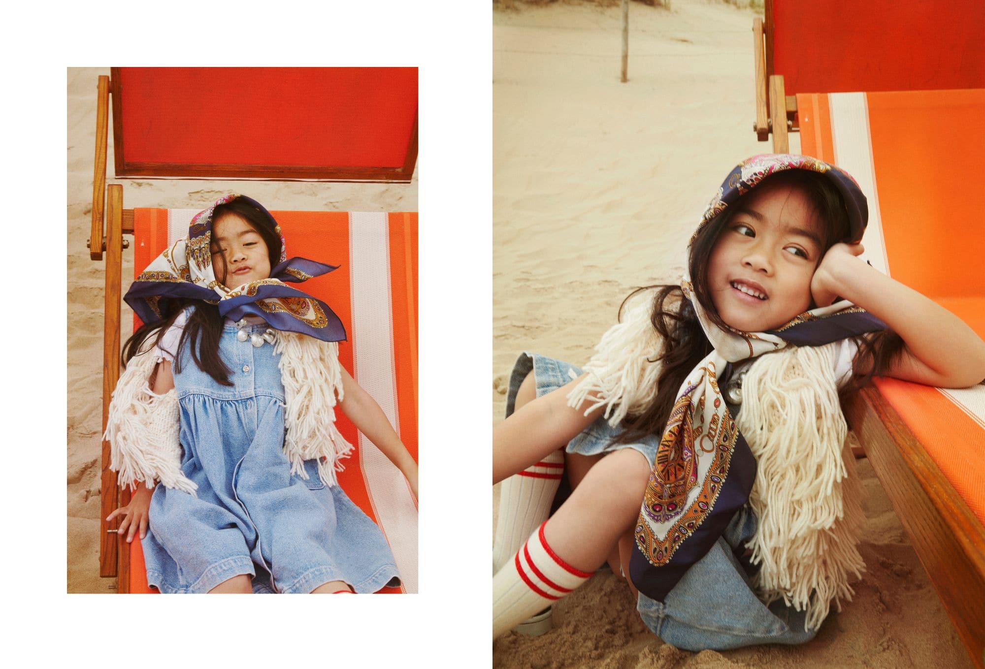 Left: A young girl lies back on an orange-and-white striped beach chair, wearing a denim playsuit, a fringed cream vest, and a colorful silk scarf tied over her head, with a playful expression on her face. Right: The same girl sits beside the chair on the sand, smiling and looking to the side, still wearing the scarf and vest, with red-striped knee socks completing her retro beach look.