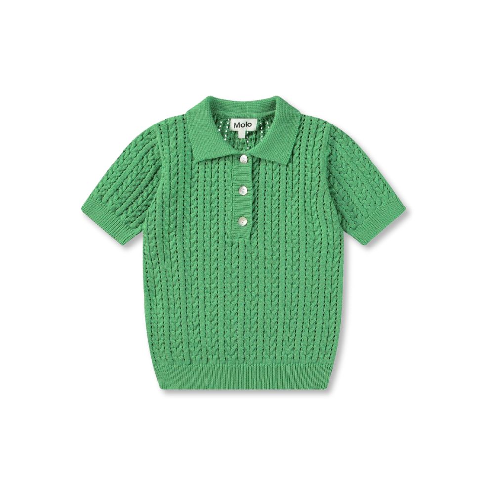 Green cable knit polo shirt by MOLO with short sleeves and front button placket.