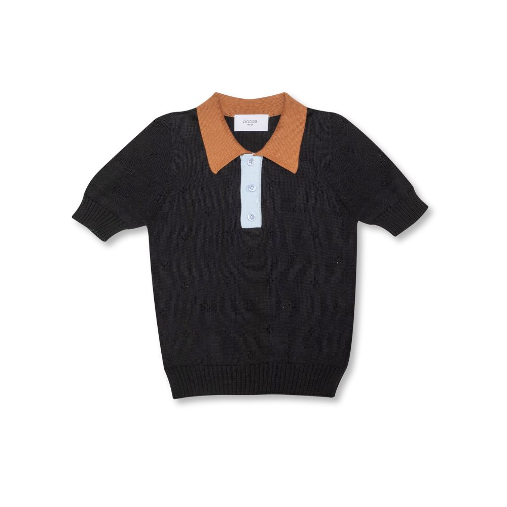 Black knitted polo shirt by PAADE MODE with short sleeves, brown collar, and light blue button placket.