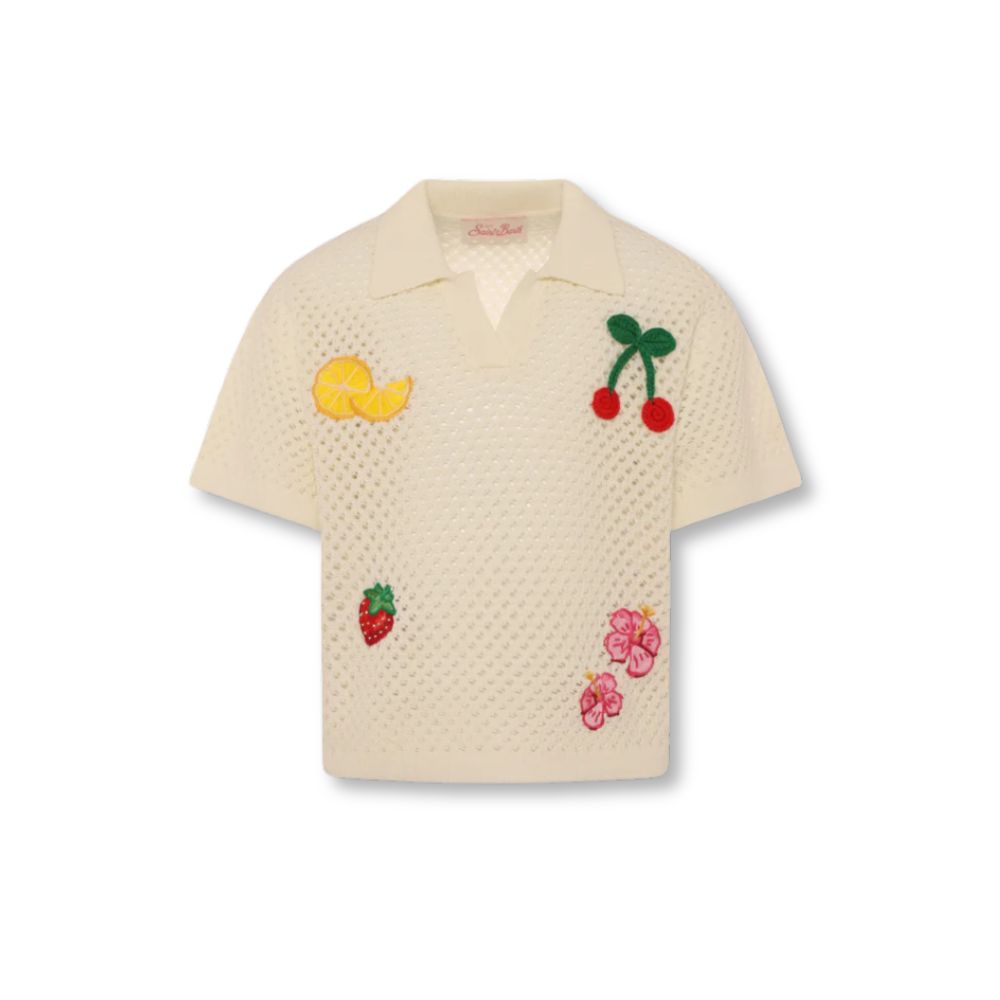 Ivory open-knit polo shirt by MC2 SAINT BARTH with colorful embroidered fruits and flowers.