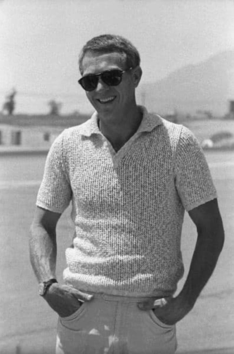 steve mc queen wearing a knitted poloshirt