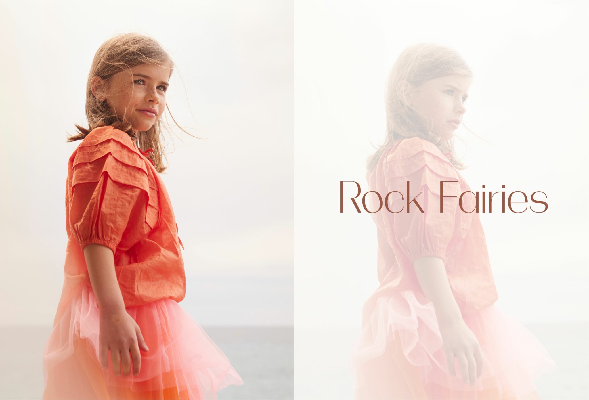 Young girl wearing an orange blouse with layered sleeves and a pink tulle skirt, standing by the sea under soft natural light. From the fashion editorial Rock Fairies, photographed by Delphine Royer.