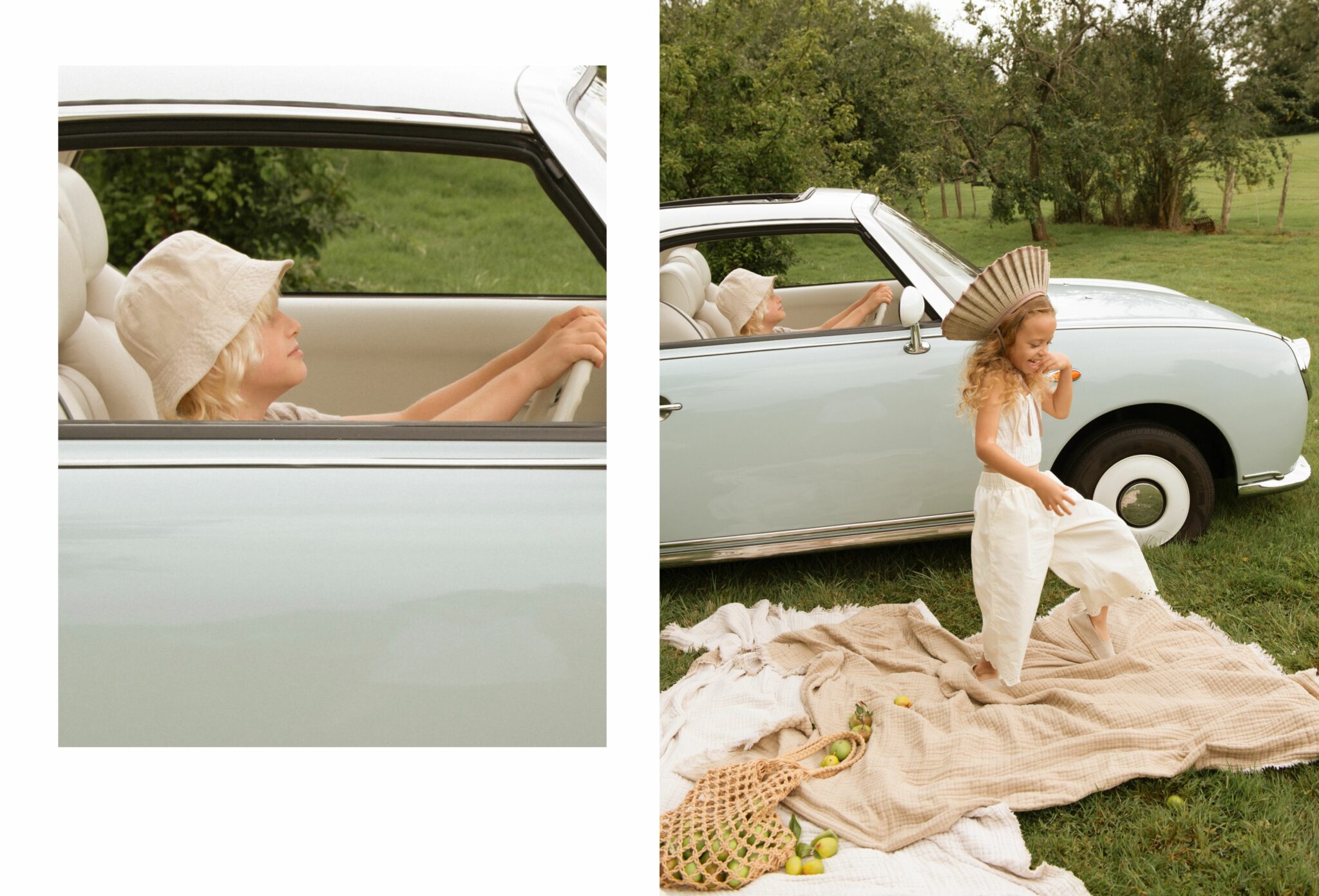 Having a Field Day – kids fashion editorial SS25 by Shelley Oxford featuring a boy in a bucket hat driving a vintage convertible and a girl in a pleated straw hat from LORNA MURRAY playing on a picnic blanket.