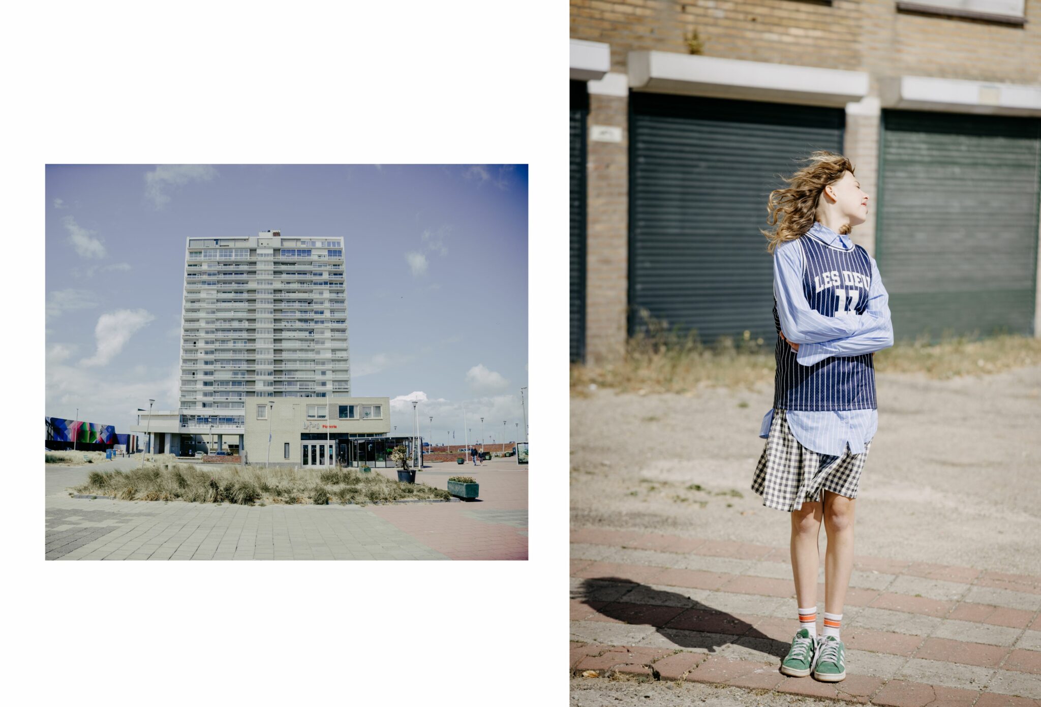 Teen fashion editorial Amsterdam Beach SS25, photographed by Arjaan Hamel for Scimparello Magazine. Girl in layered sportswear with gingham skirt, standing near beachside buildings.