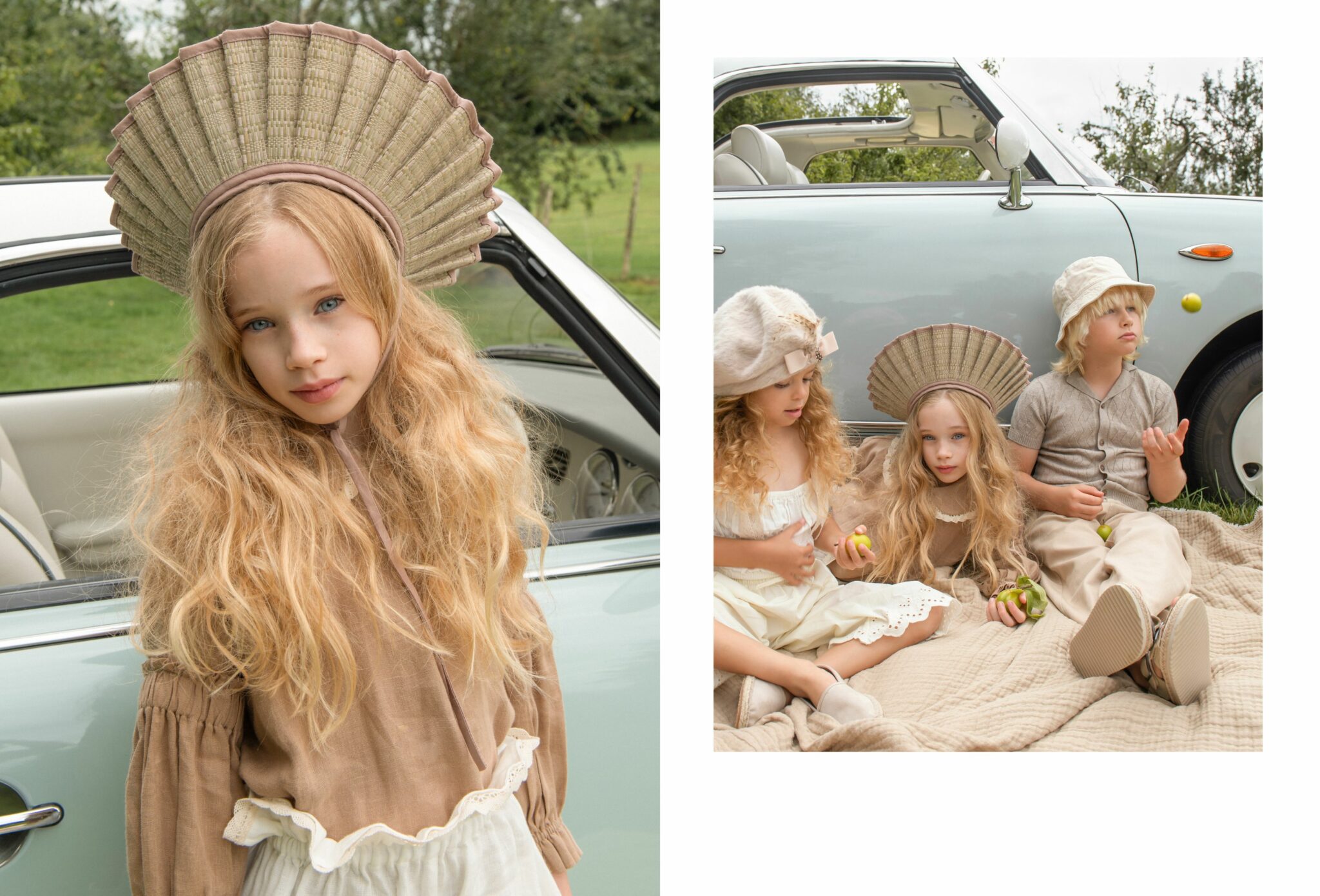 Having a Field Day – kids fashion editorial SS25 by Shelley Oxford featuring children in neutral-toned outfits with vintage-inspired hats, including a pleated straw hat from LORNA MURRAY, posing by a pastel convertible and sitting on a picnic blanket.