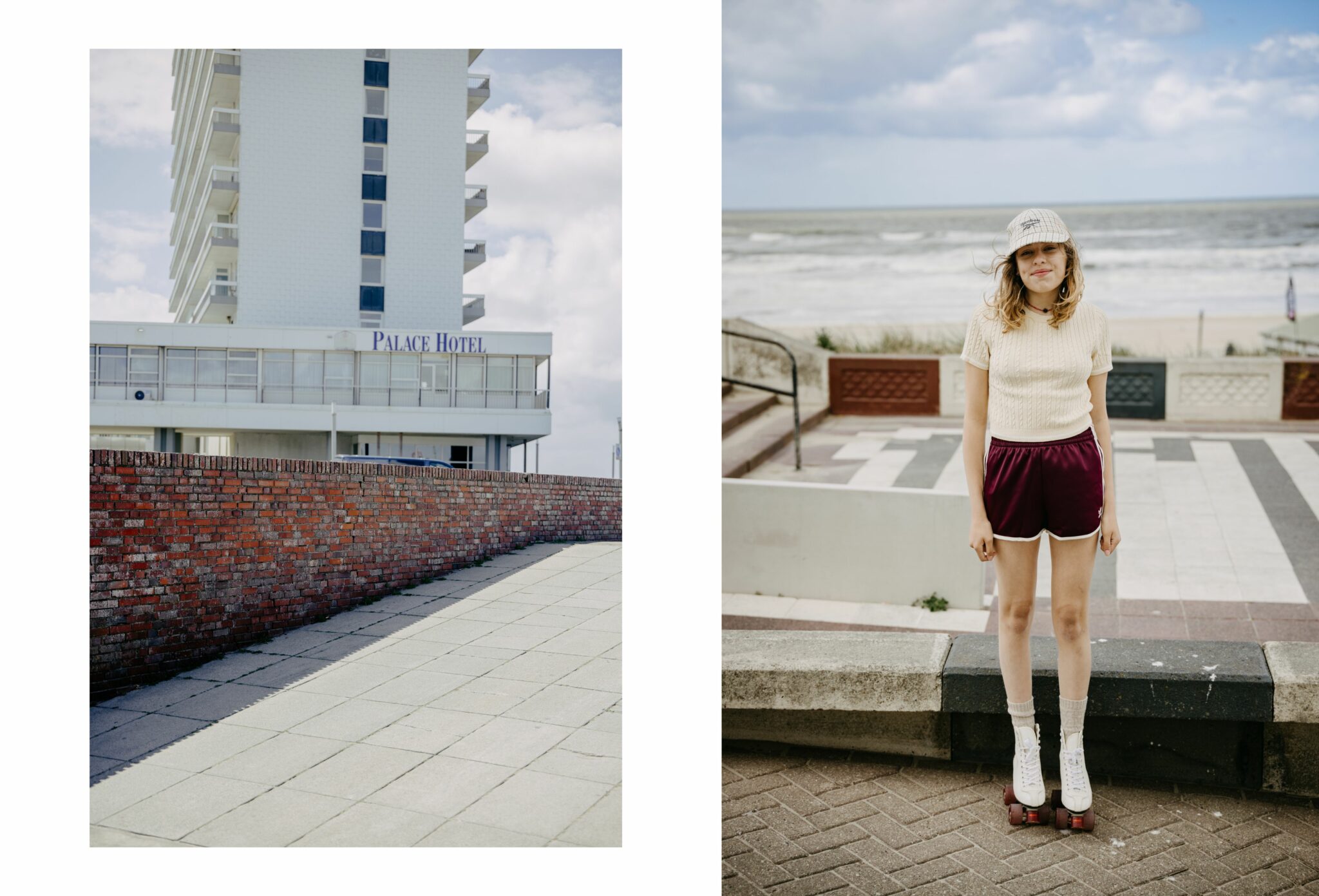 Left page: Palace Hotel in Amsterdam Beach, modern white high-rise building against blue sky. Right page: Teen girl in cream knit top, burgundy sports shorts, and roller skates standing by the seaside promenade in Amsterdam Beach, photographed by Arjaan Hamel for Scimparello Magazine SS25 teen fashion editorial.