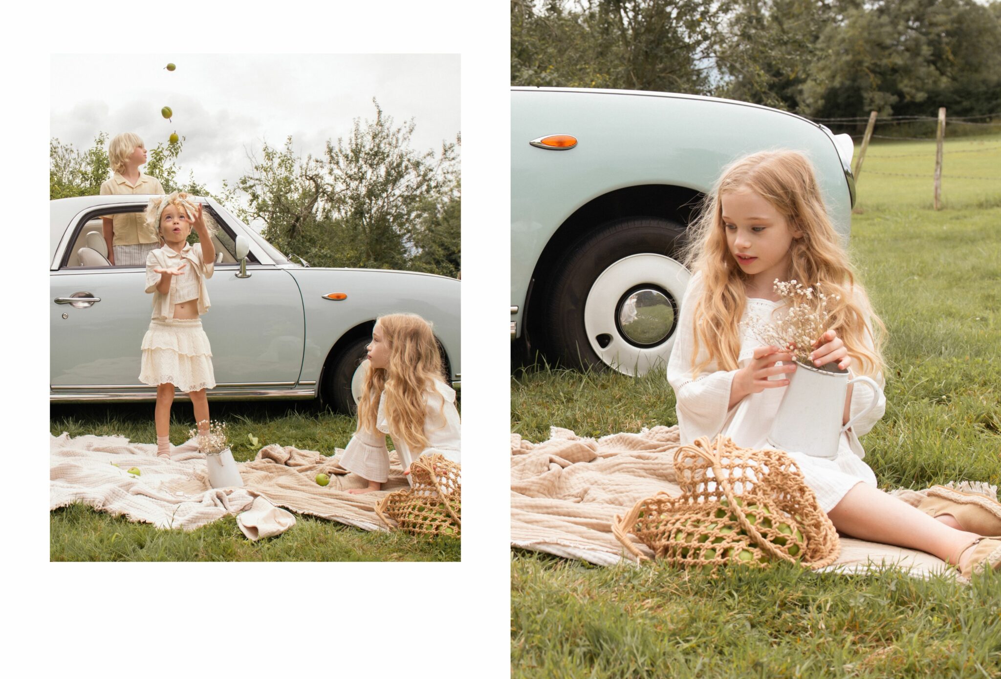 Having a Field Day – kids fashion editorial SS25 by Shelley Oxford featuring children in cream and neutral outfits playing around a pastel vintage convertible, juggling apples and sitting on a picnic blanket with woven bag and wildflowers.