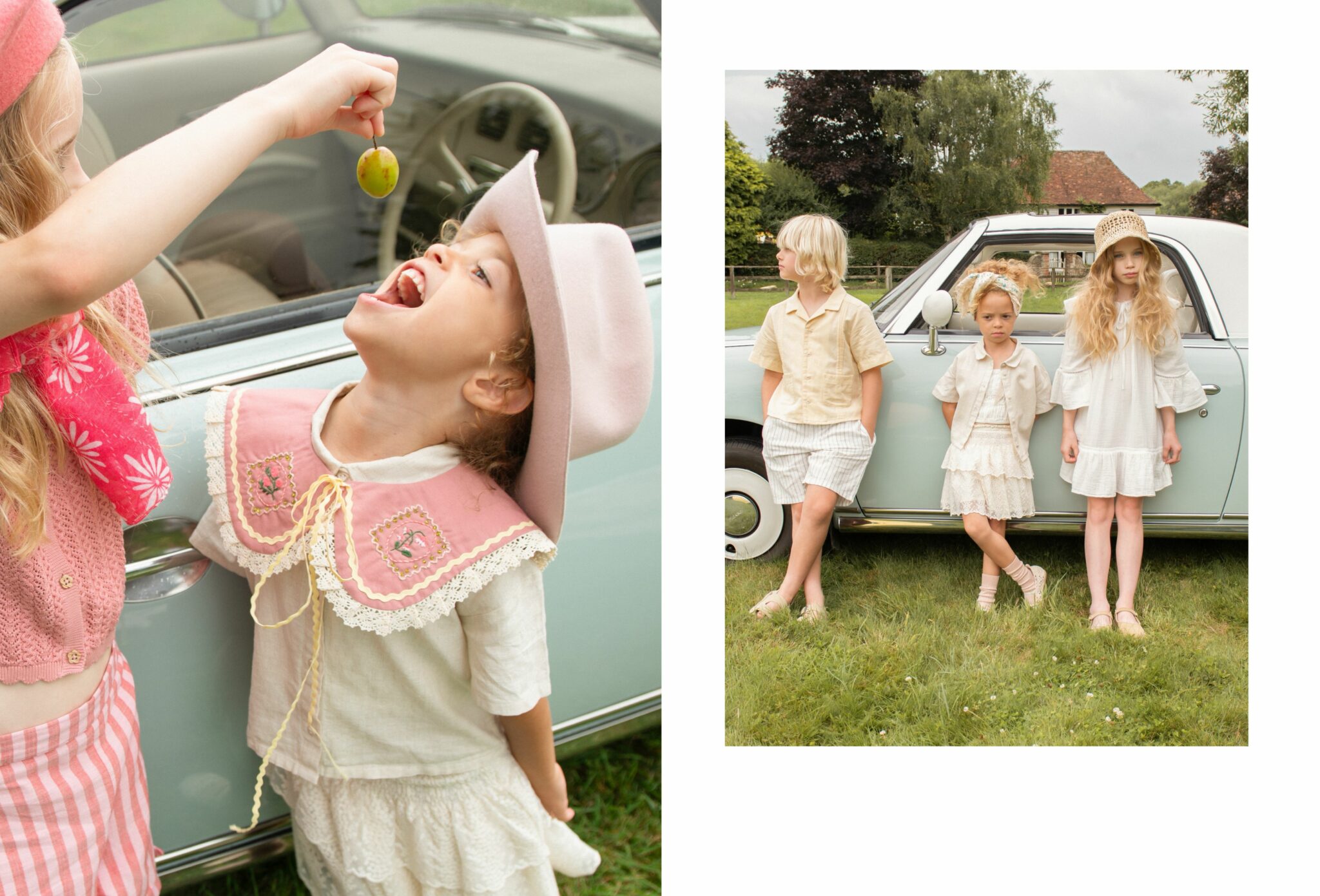 Having a Field Day – kids fashion editorial SS25 by Shelley Oxford featuring children in cream and pastel outfits playing by a vintage convertible, with one girl wearing a pink embroidered collar and hat, another in a white dress, and a boy in striped shorts.