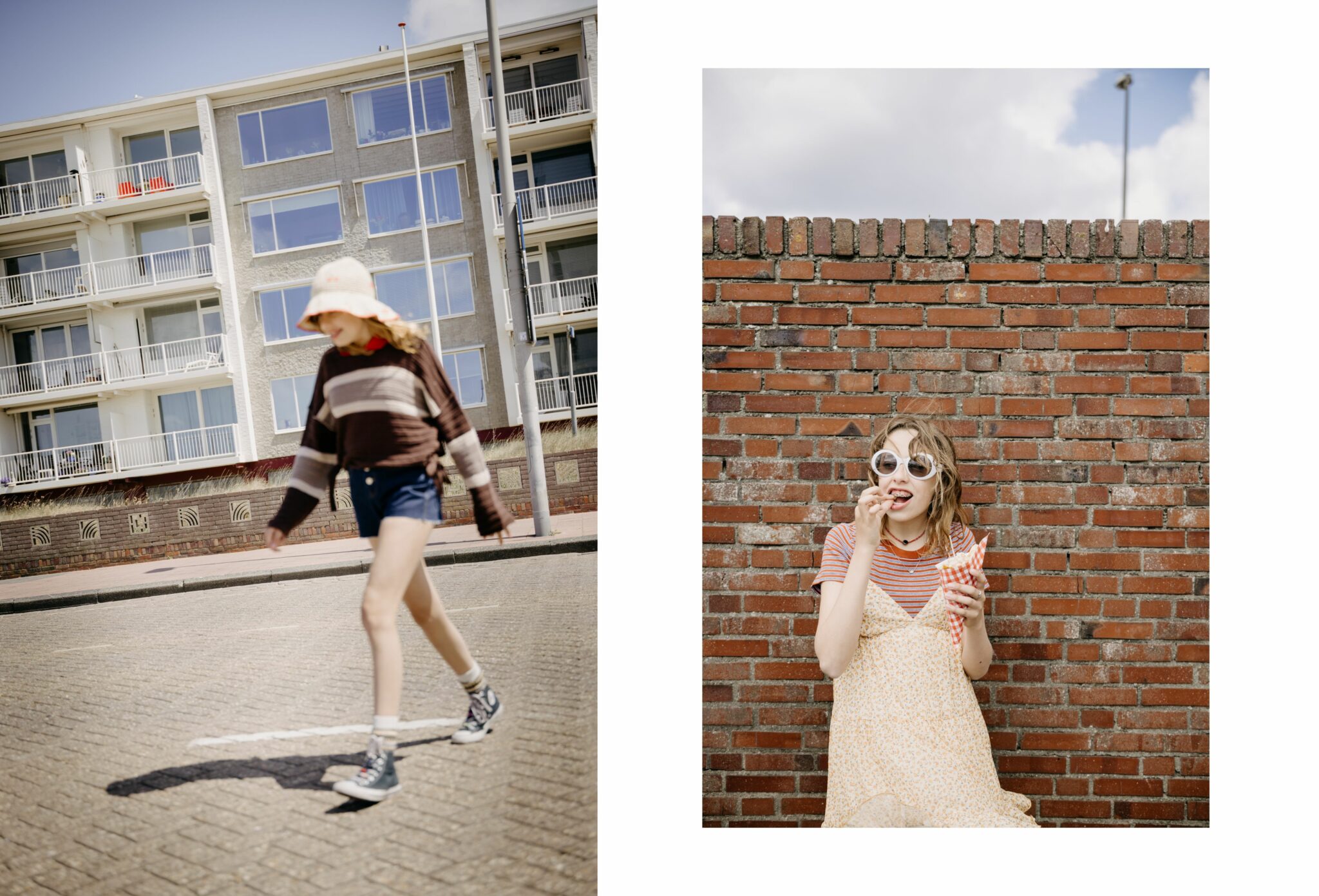 Teen girl in Amsterdam Beach fashion editorial for Scimparello Magazine SS25 — left: walking in front of modern apartment buildings wearing a brown striped sweater, denim shorts, bucket hat, and high-top sneakers; right: leaning against a brick wall, wearing a floral slip dress over a striped tee, white retro sunglasses, and eating fries, photographed by Arjaan Hamel.