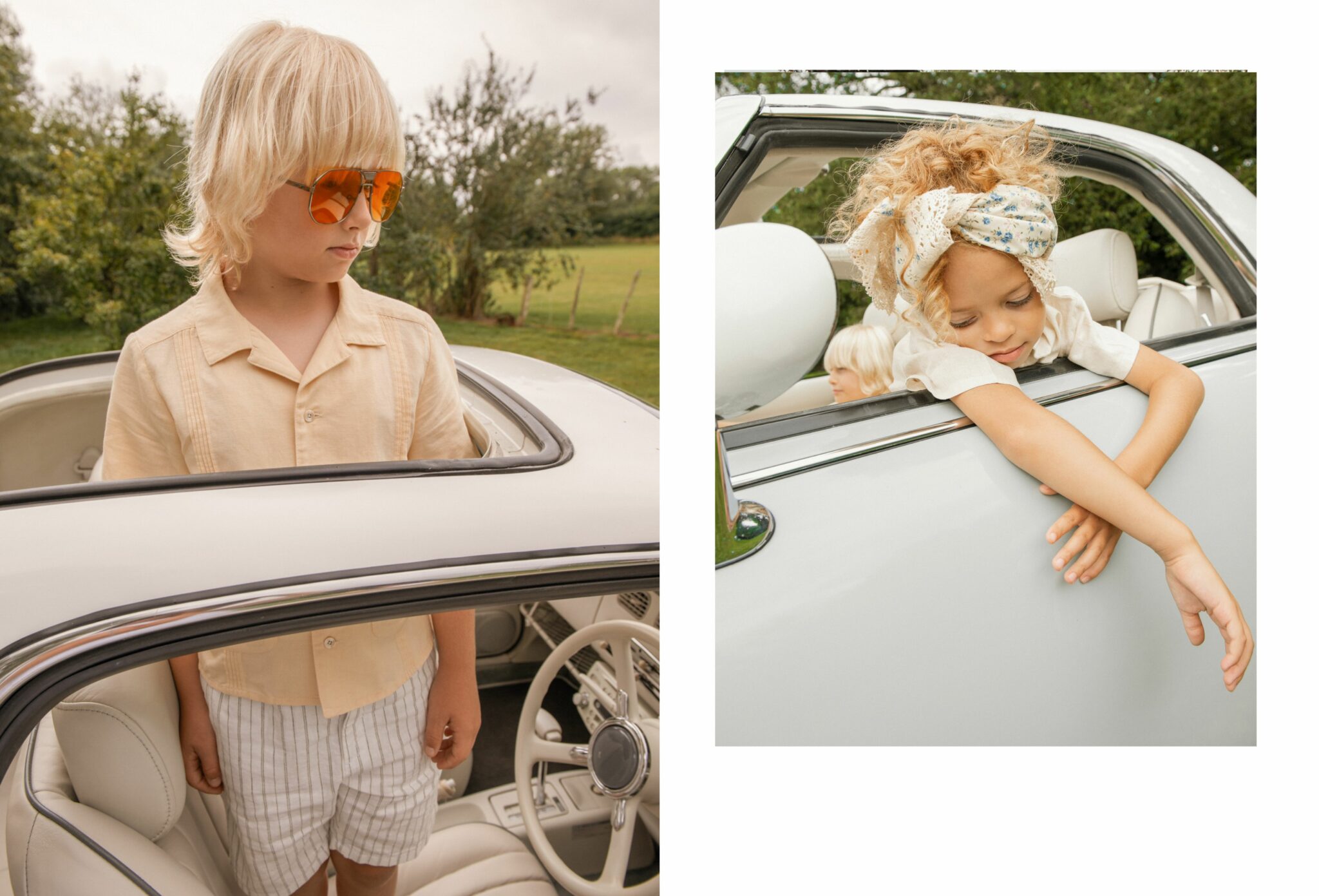 Having a Field Day – kids fashion editorial SS25 by Shelley Oxford featuring a boy in striped shorts and pastel shirt with orange sunglasses standing in a vintage convertible, and a girl with curly hair and floral headscarf leaning out of the car window.